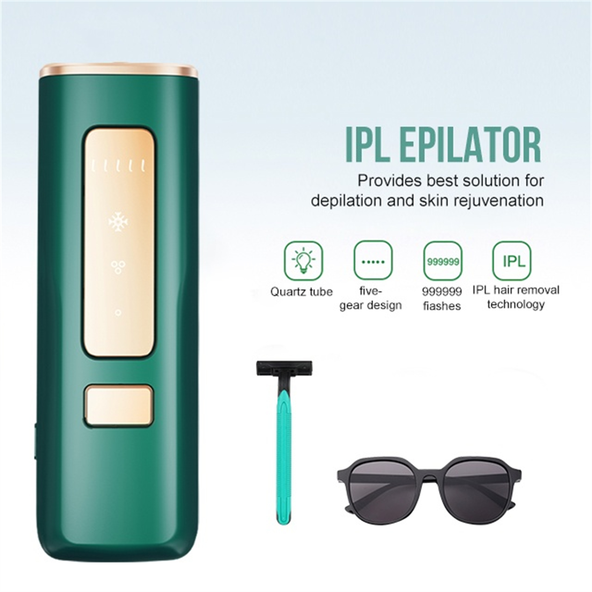 Ein IPL-Epilierer mit Text und Symbolen, zusammen mit einem Rasierer und einer Sonnenbrille auf weißem Hintergrund.