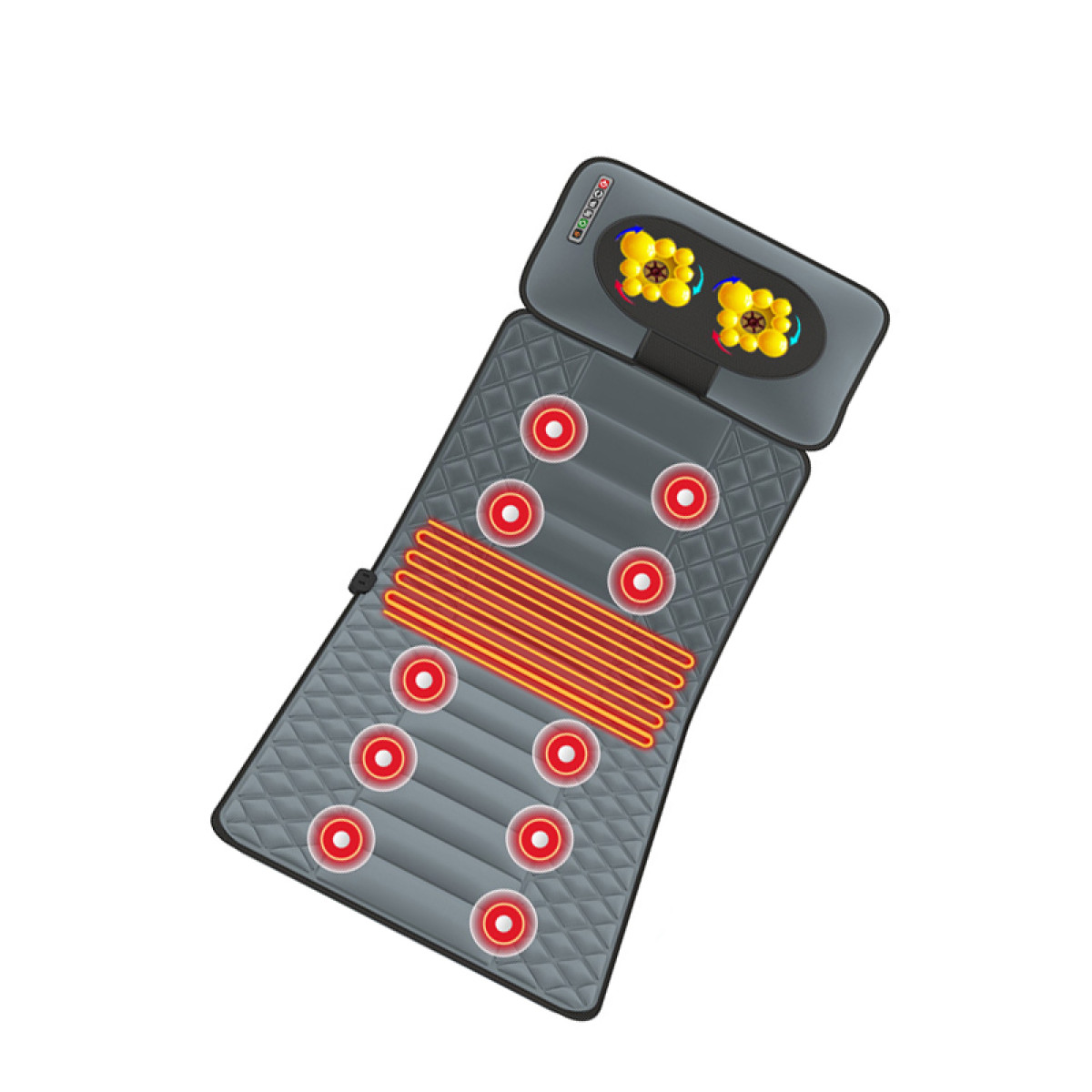 Grey heating massage mat with yellow massage nodes on white background.