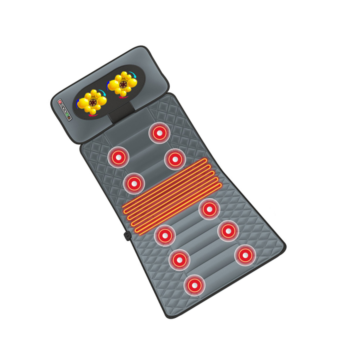 Gray massage mat with yellow massage heads and red heated areas. White background.