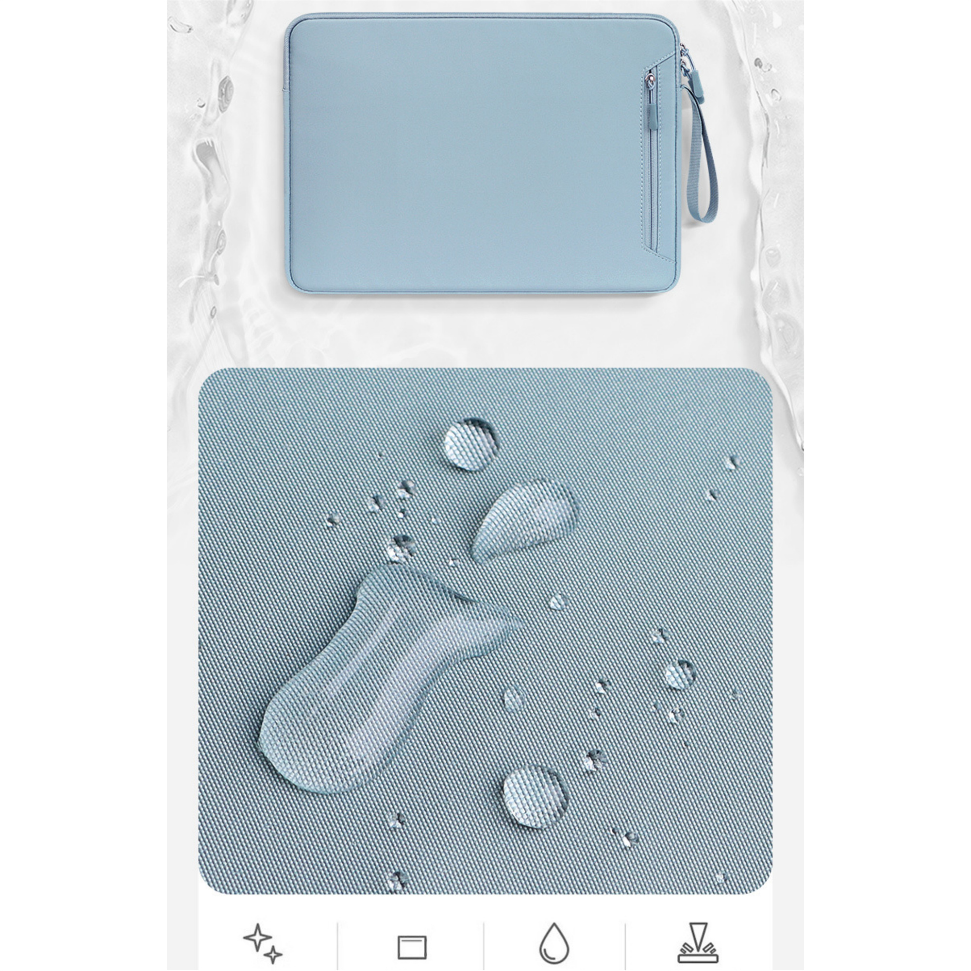 Eine hellblaue Laptoptasche mit Wassertropfen auf der Oberfläche, mit einer Nahaufnahme, die wasserabweisende Eigenschaften zeigt.