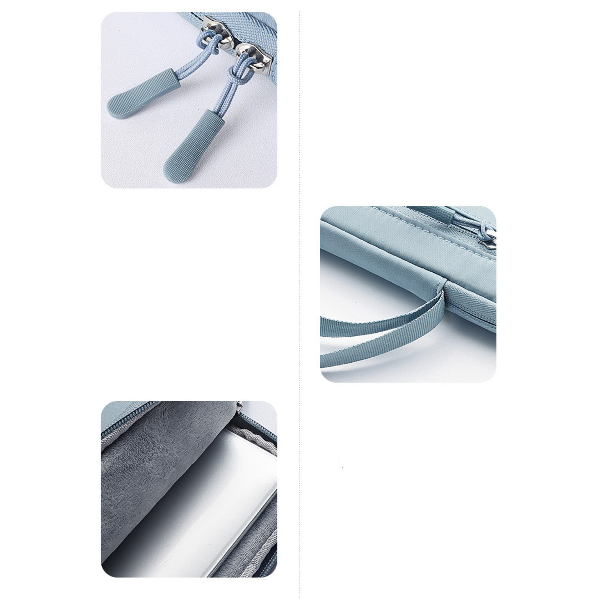 Nahaufnahme einer blauen Laptoptasche. Reißverschlüsse und ein Griff sind sichtbar. Innen ein Laptop.