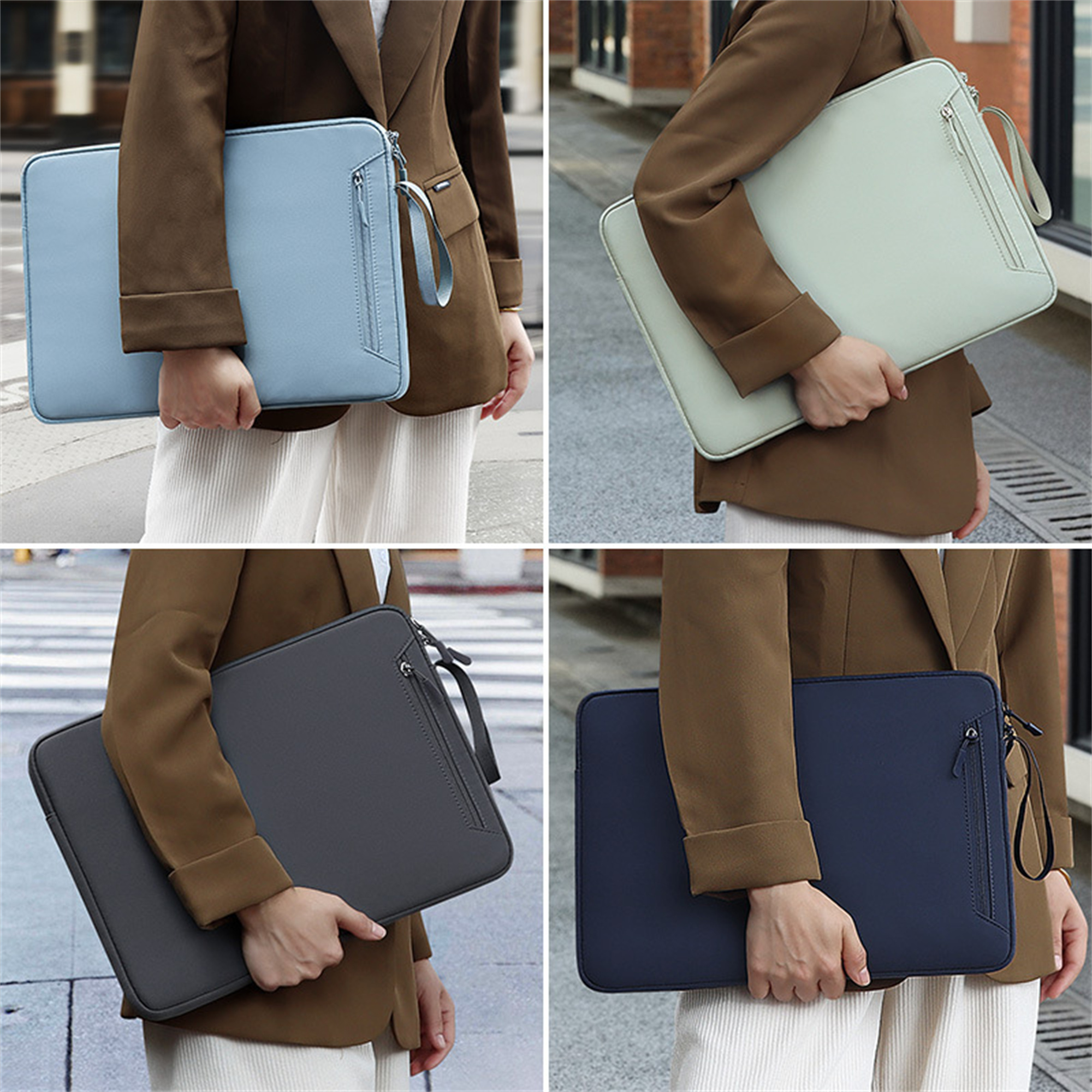 Vier Bilder von Laptop-Hüllen in verschiedenen Farben: Blau, Grün, Grau und Marine. Eine Person hält jede.