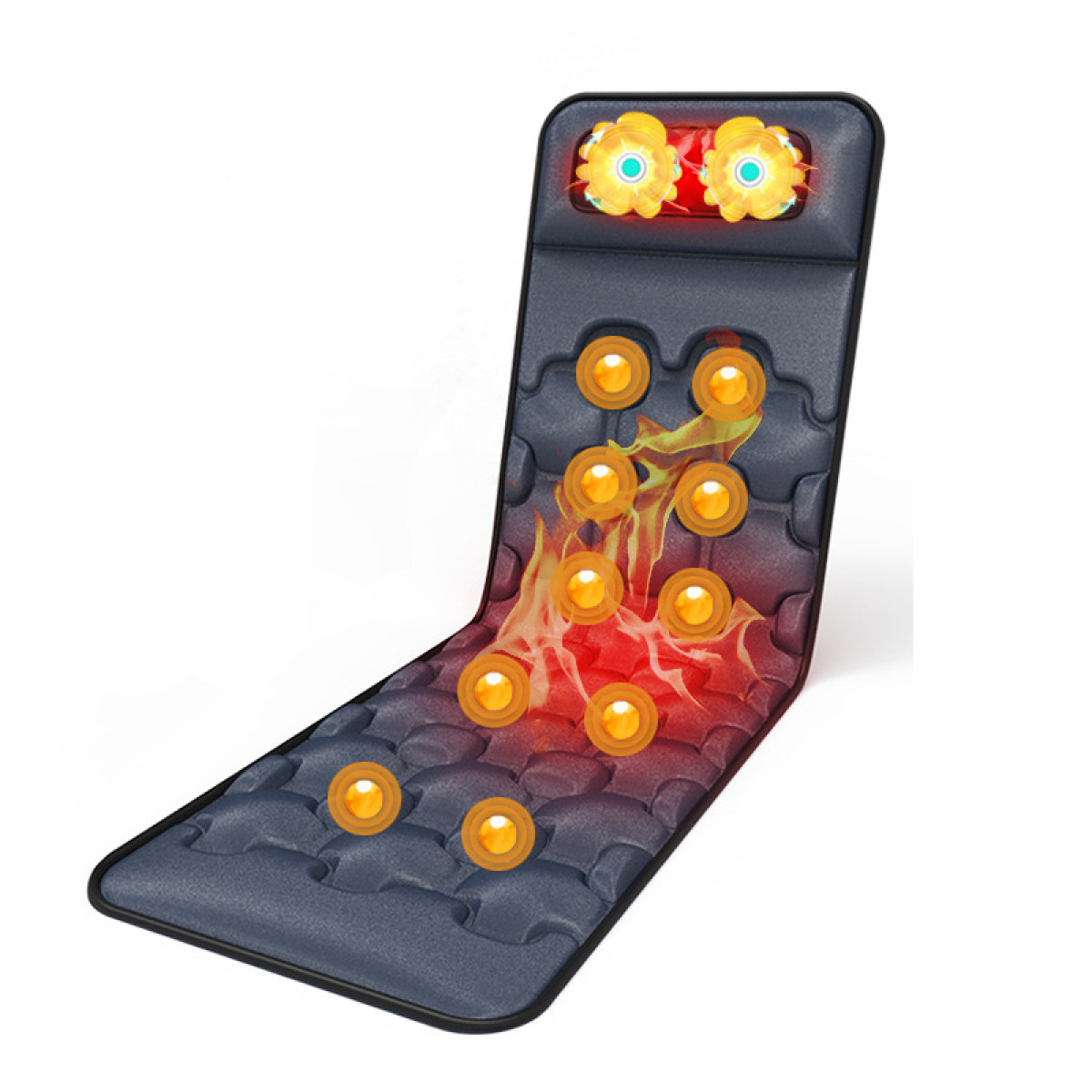 Beheiztes Massagepad. Schwarze und graue Farben mit orangefarbenen und gelben Akzenten.