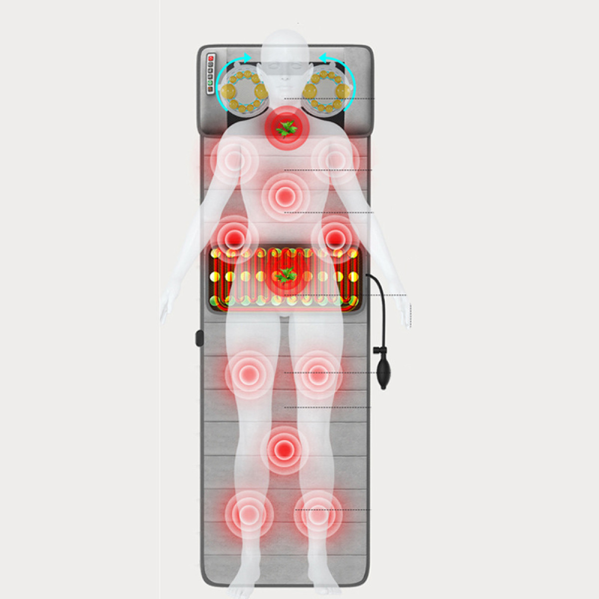 Massagemat met rode cirkels die massagepunten aangeven. Menselijke figuur overlay.
