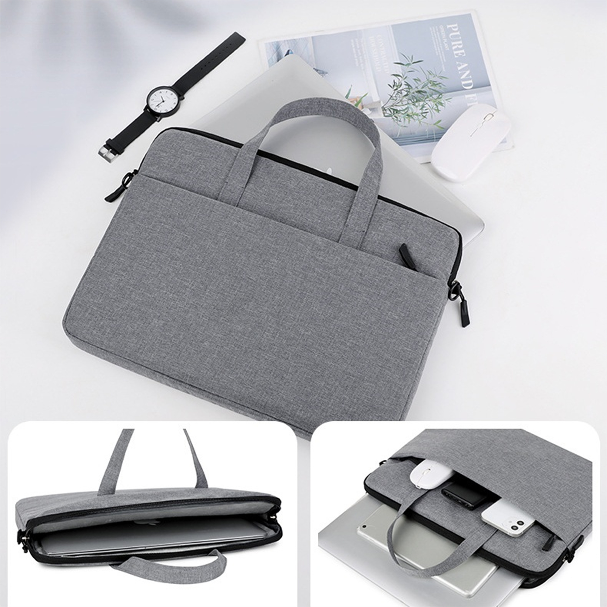 Eine graue Laptoptasche mit Henkel. Es gibt zwei kleinere Bilder, die die offene Tasche zeigen.