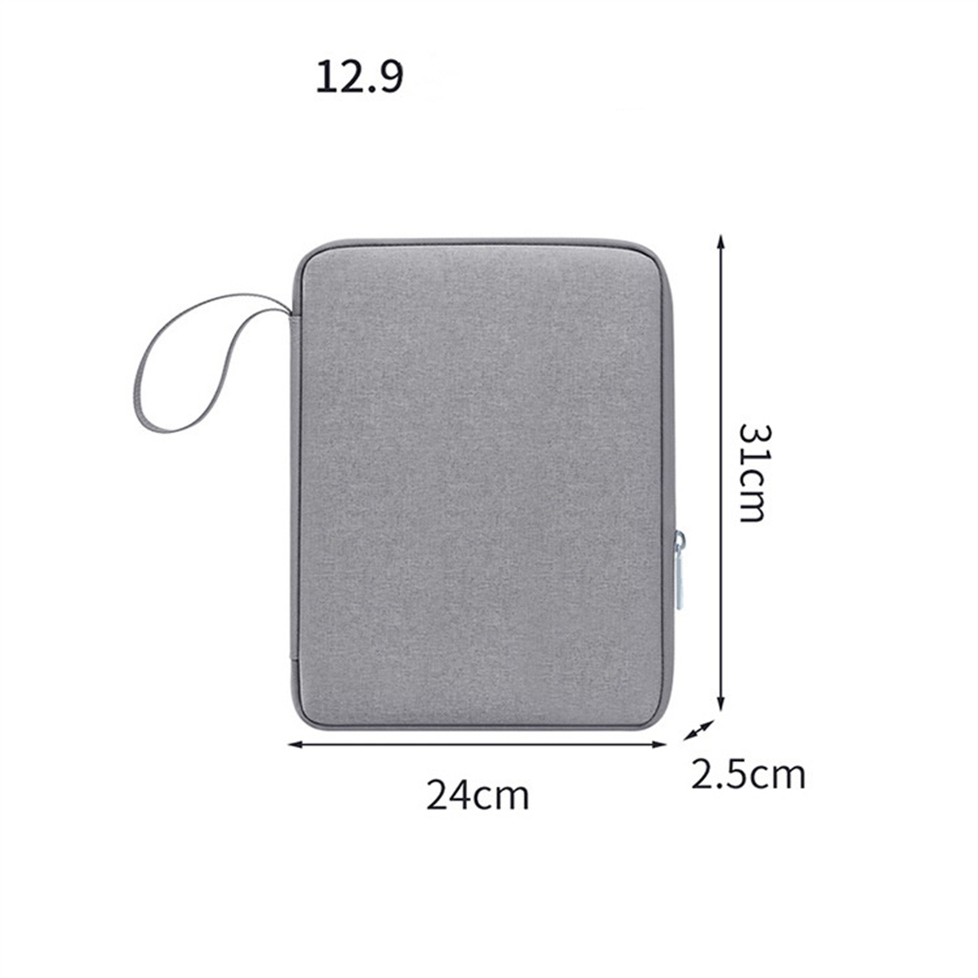 Eine graue Tablet-Hülle mit den Maßen: 12,9, 31 cm, 24 cm und 2,5 cm.