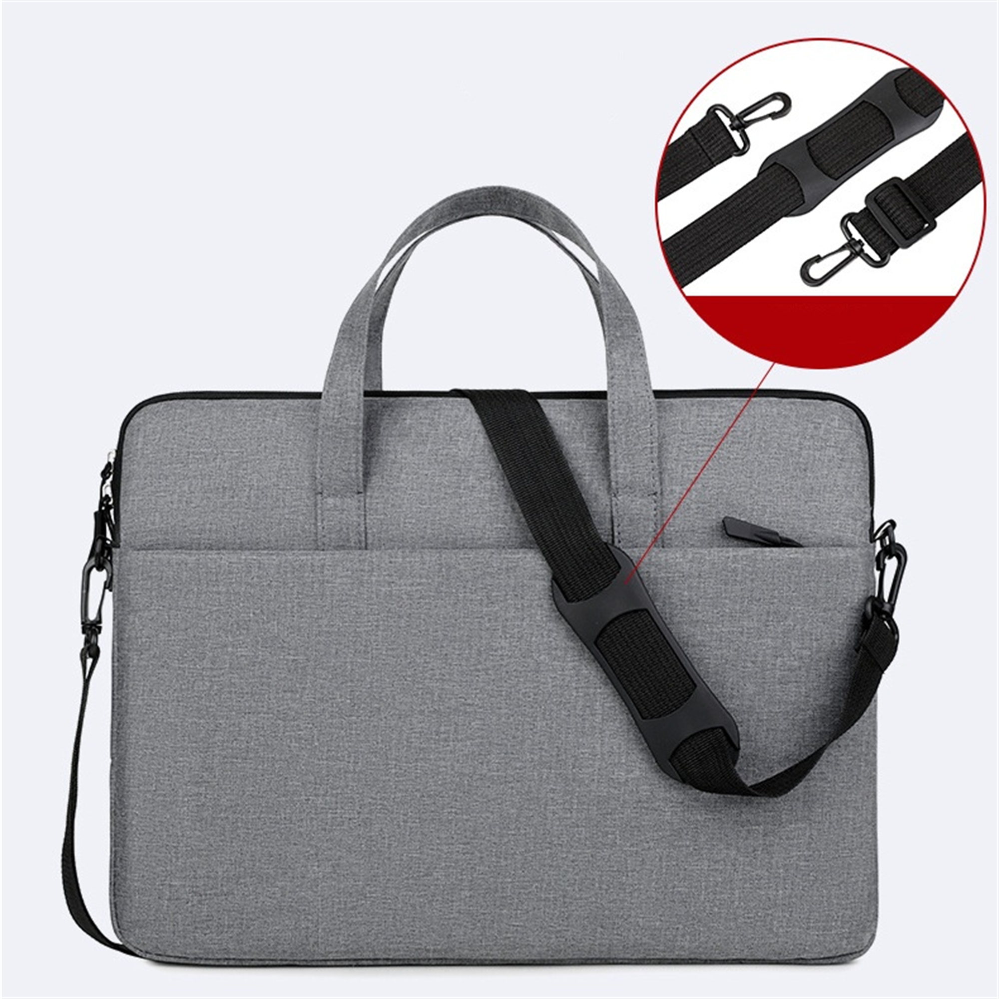 Graue Laptoptasche mit Schulterriemen und Nahaufnahme der Riemendetails.