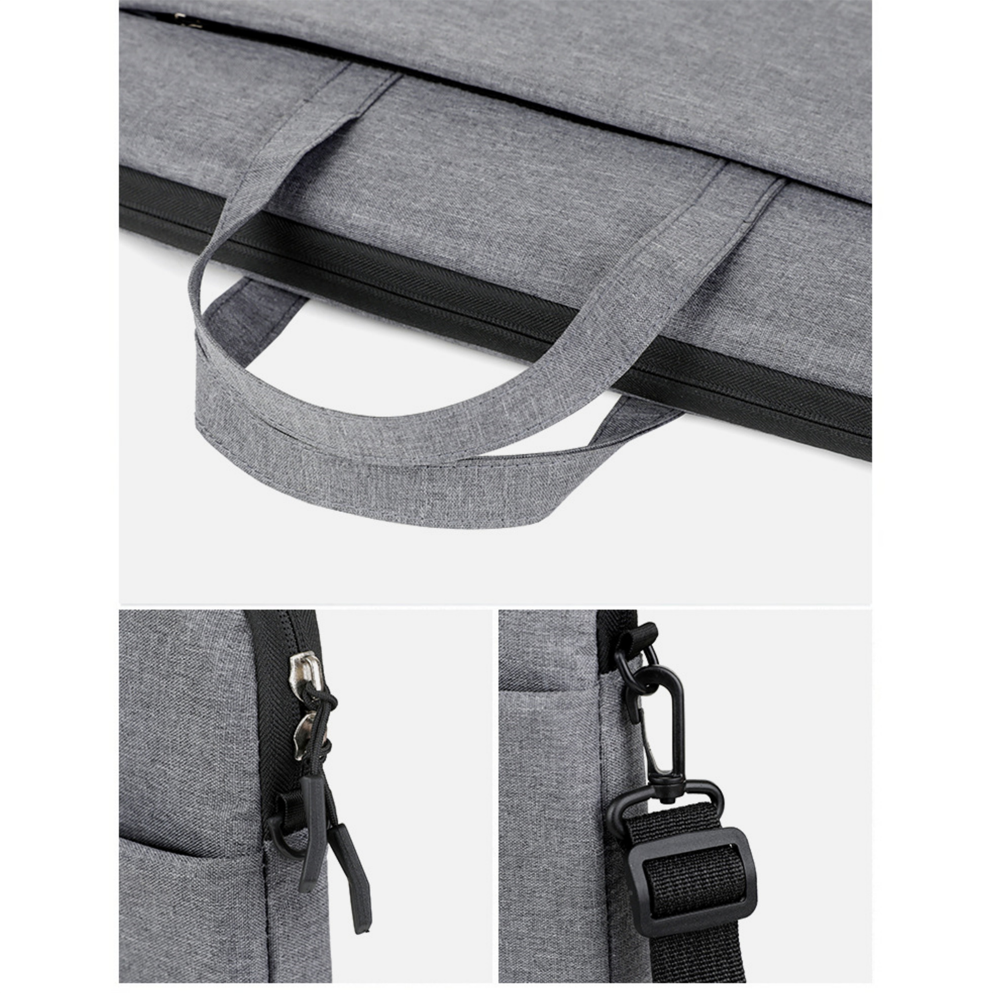 Eine graue Laptoptasche mit Griffen und einem schwarzen Schultergurt. Reißverschlüsse und eine Tasche sind sichtbar.