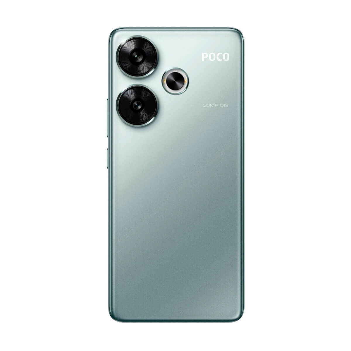 Zielony telefon z trzema obiektywami aparatu. Tył telefonu jest zielony, z logo POCO.