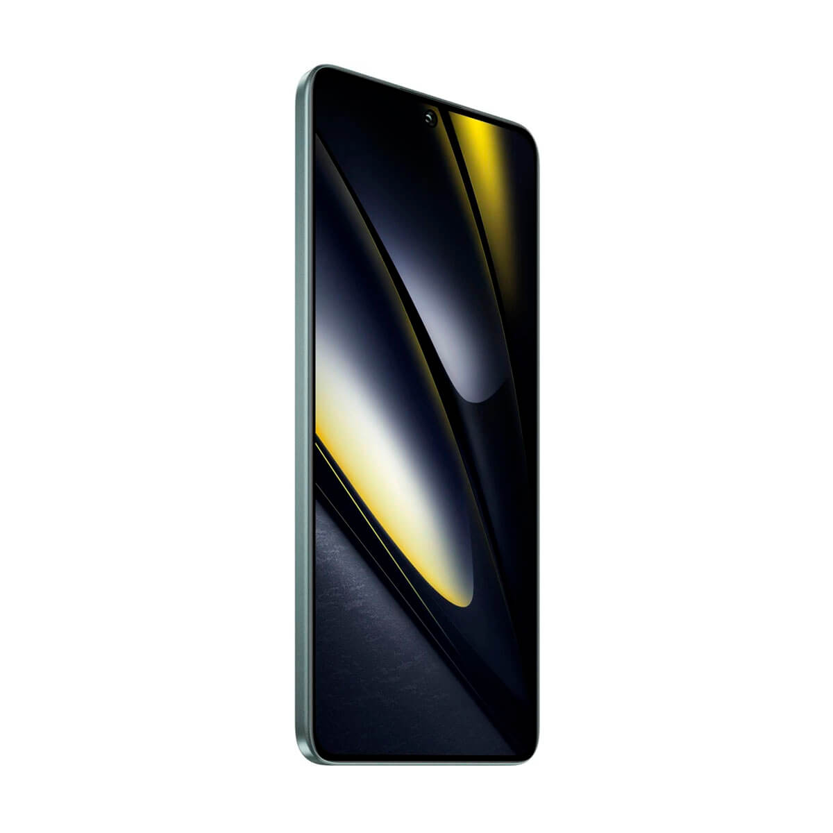 Smartfon, jasnozielona ramka, czarny ekran z żółtymi odbiciami. Stojący.