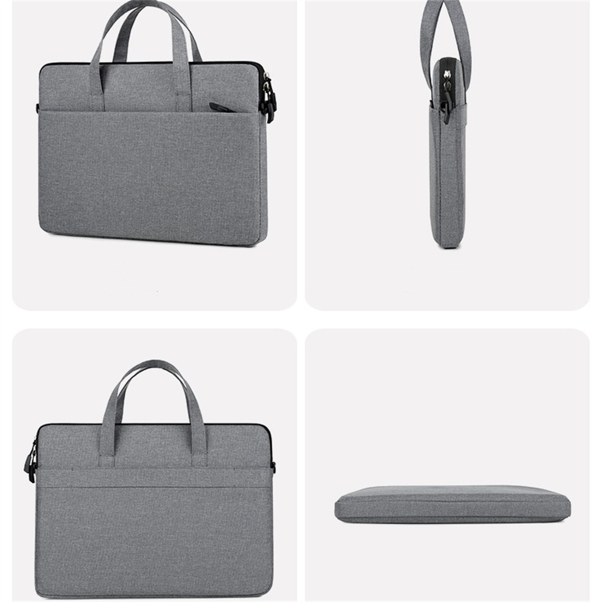 Vier Ansichten einer grauen Laptop-Tasche. Zeigt Vorder-, Seiten-, Ober- und Unteransicht.
