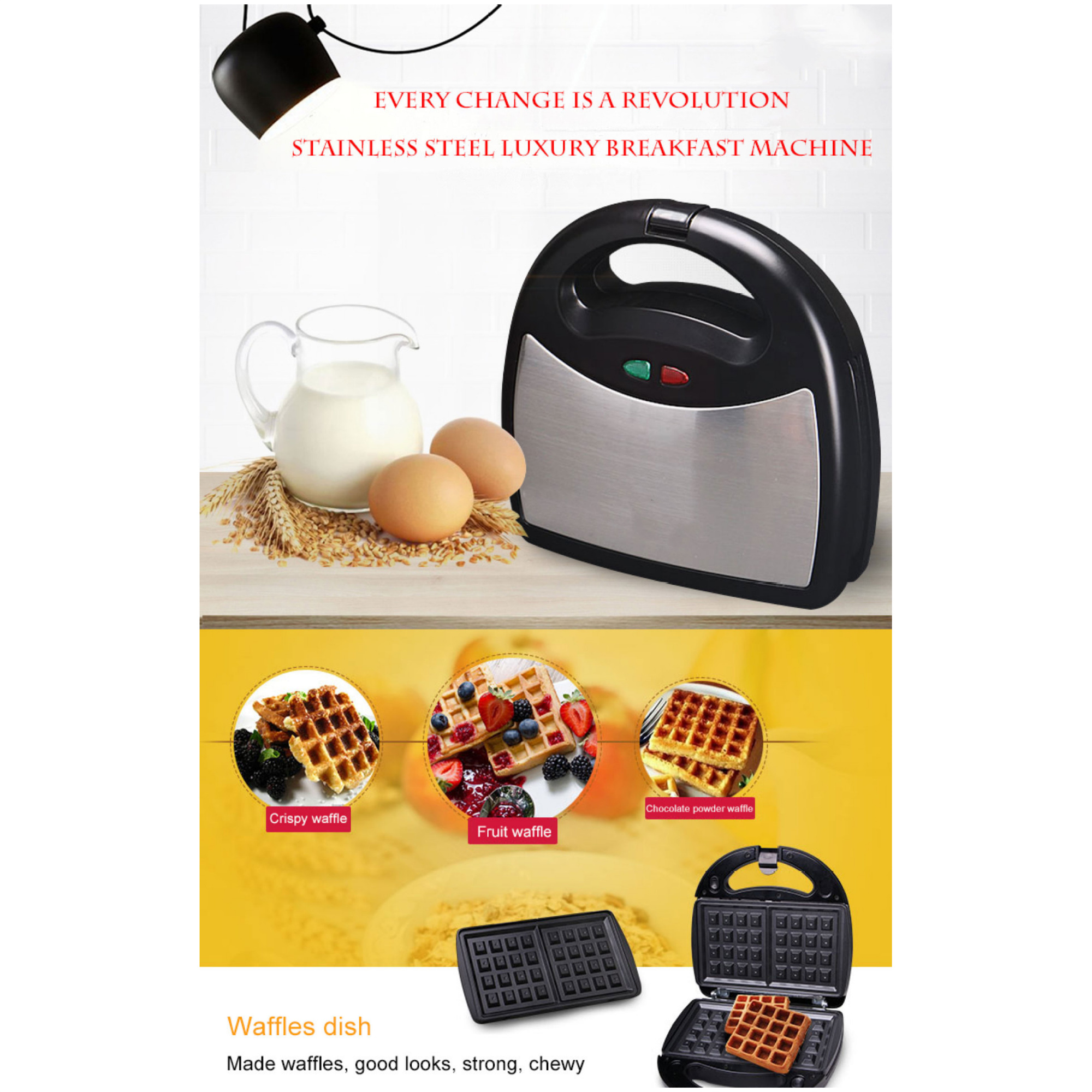 Waffeleisen mit Waffeln, Milchkanne, Eiern und Waffeln mit Belägen. Weißer Hintergrund.