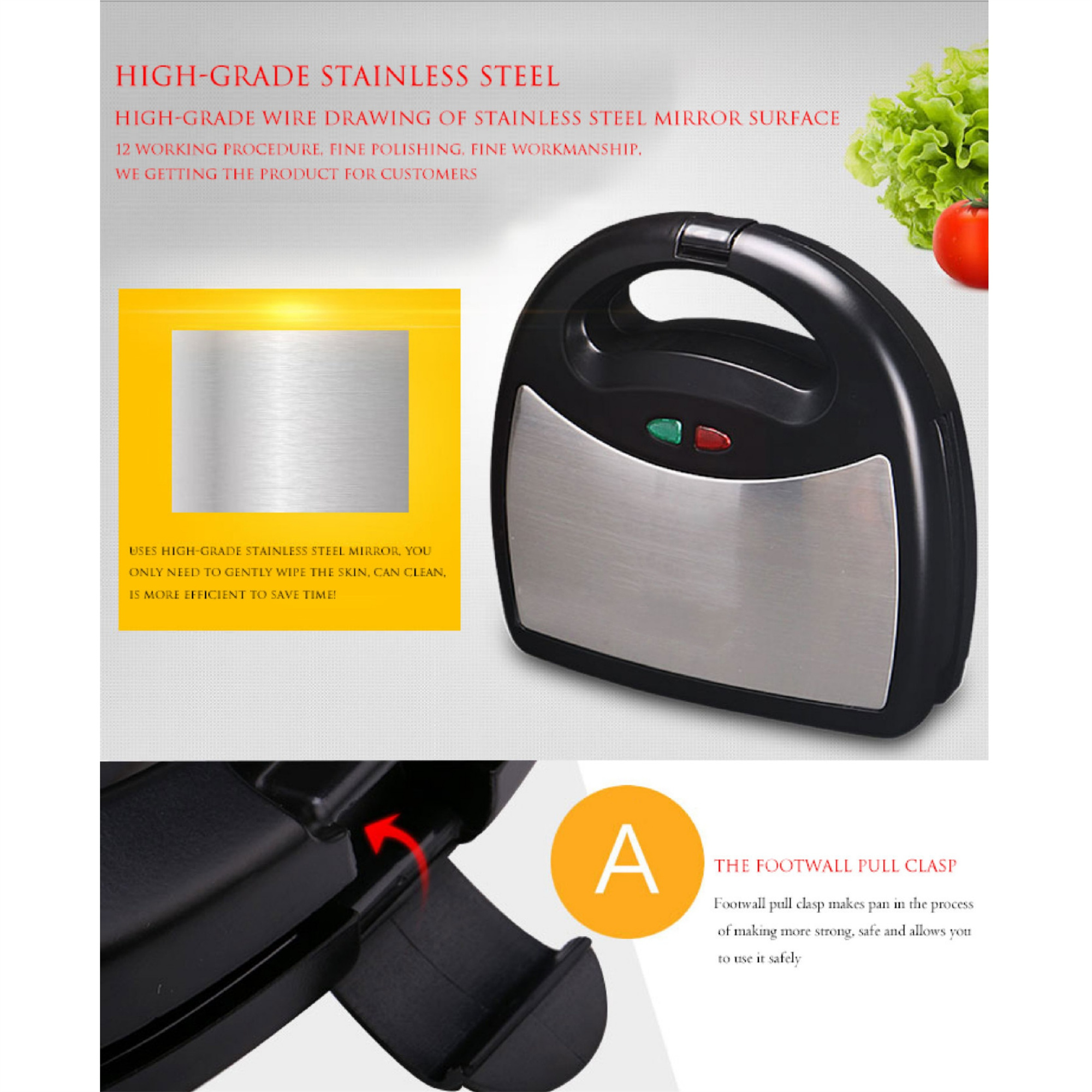 Sandwichmaker, schwarz und silber, mit Details und Text.