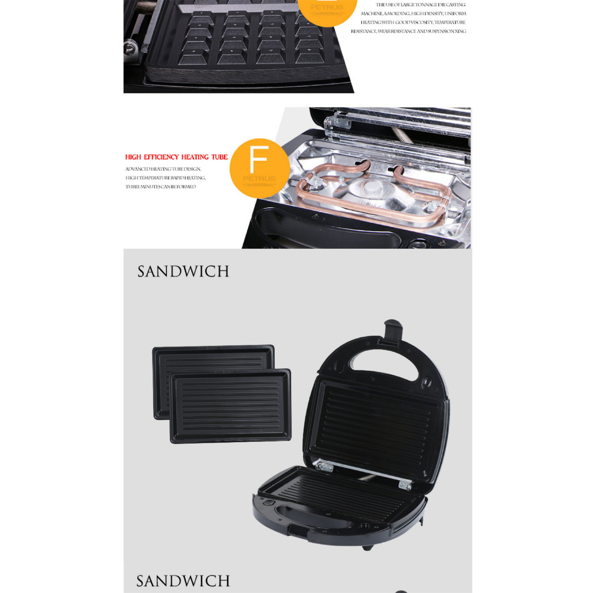 Sandwichmaker mit schwarzen Tabletts. Offener Sandwichmaker. Draufsicht auf die Heizelemente.