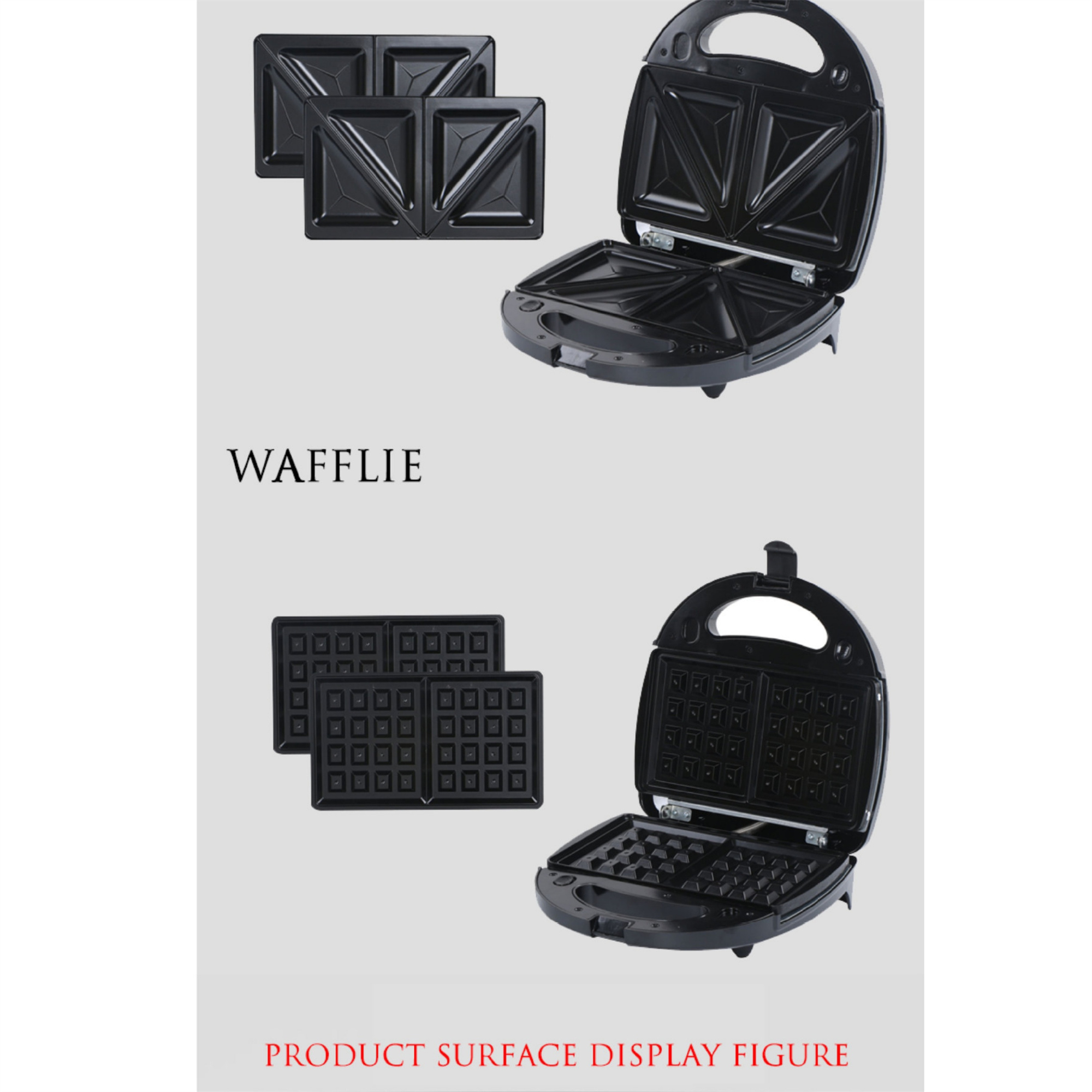 Schwarzer Waffeleisen mit zwei Plattensätzen. Ein Satz für Dreiecke und ein weiterer für Quadrate.