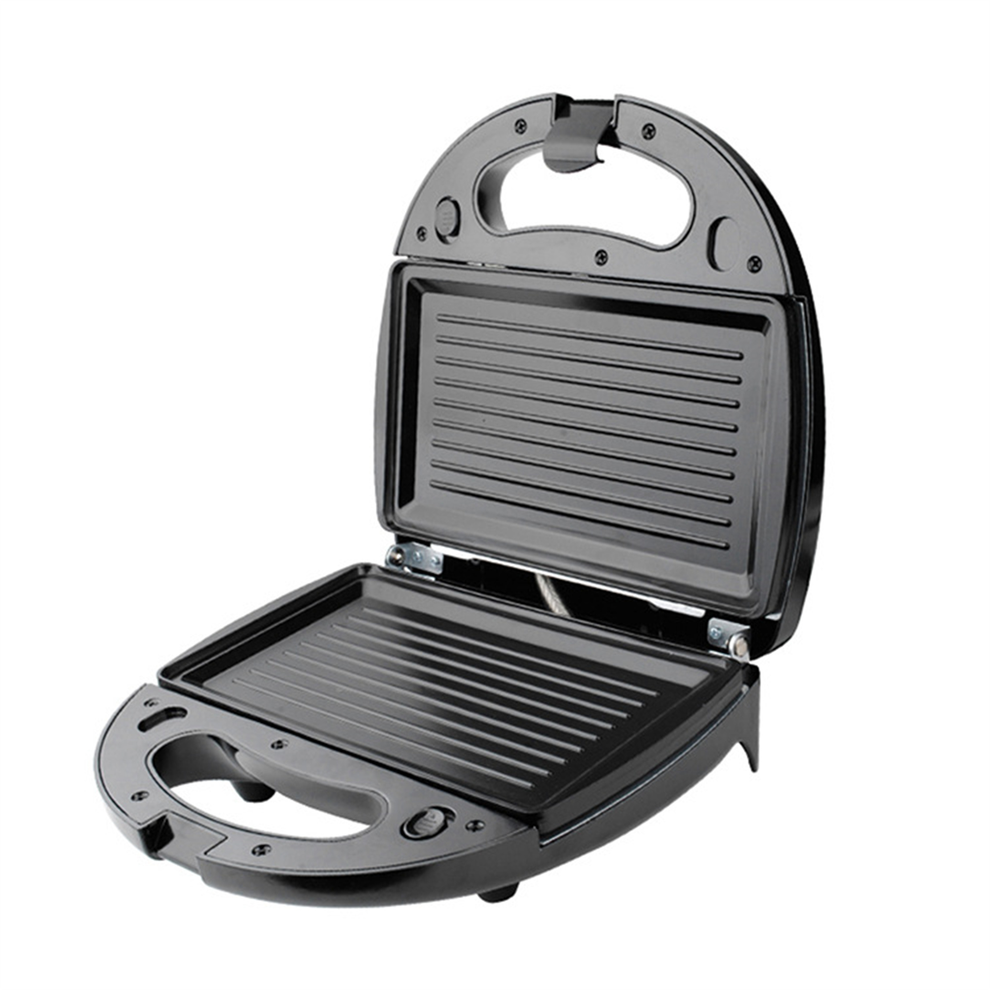 Schwarzer Sandwichmaker, offen, mit Grillplatten.