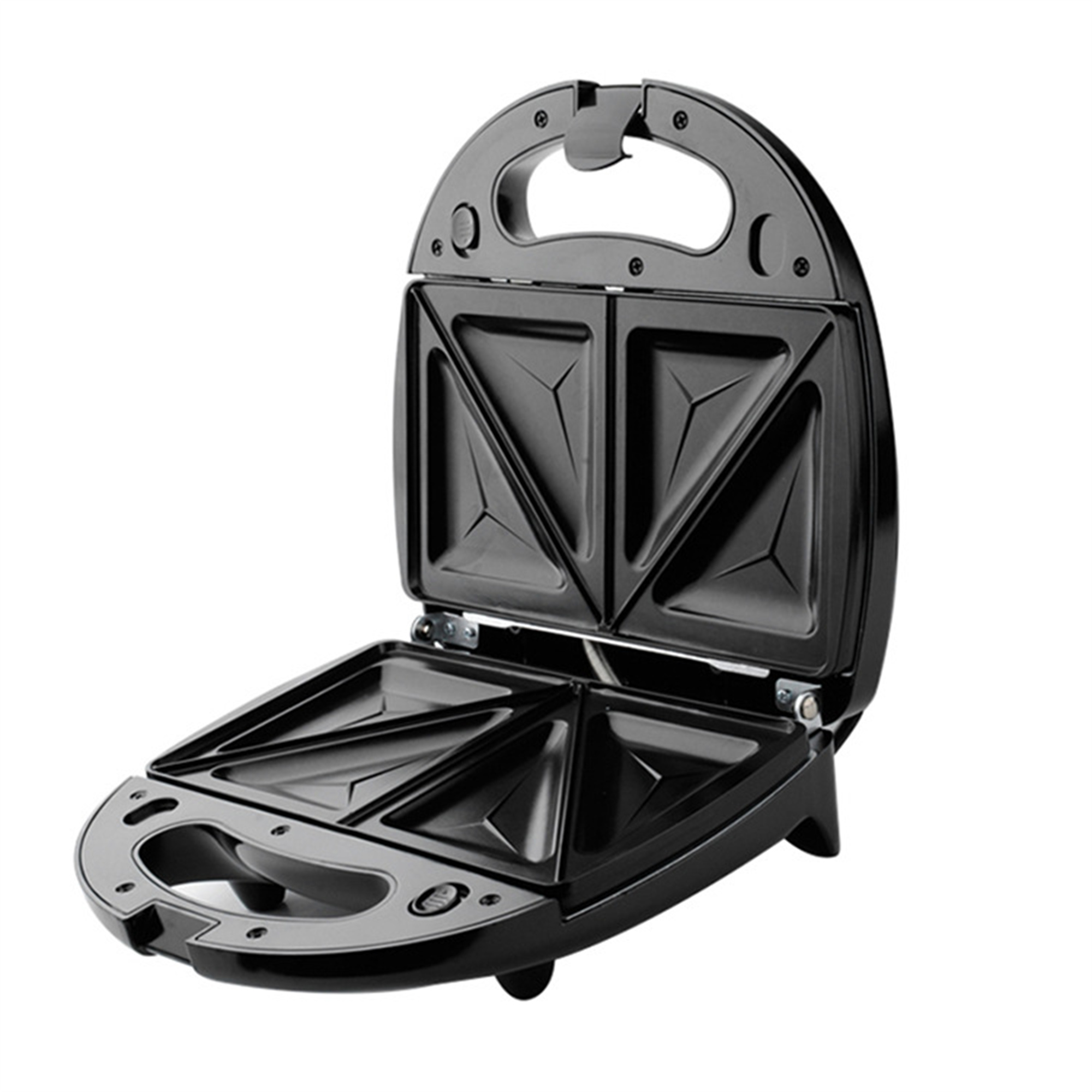 Schwarzer Sandwichmaker. Geöffnet, zeigt dreieckige Grillplatten. Isoliert auf weißem Hintergrund.
