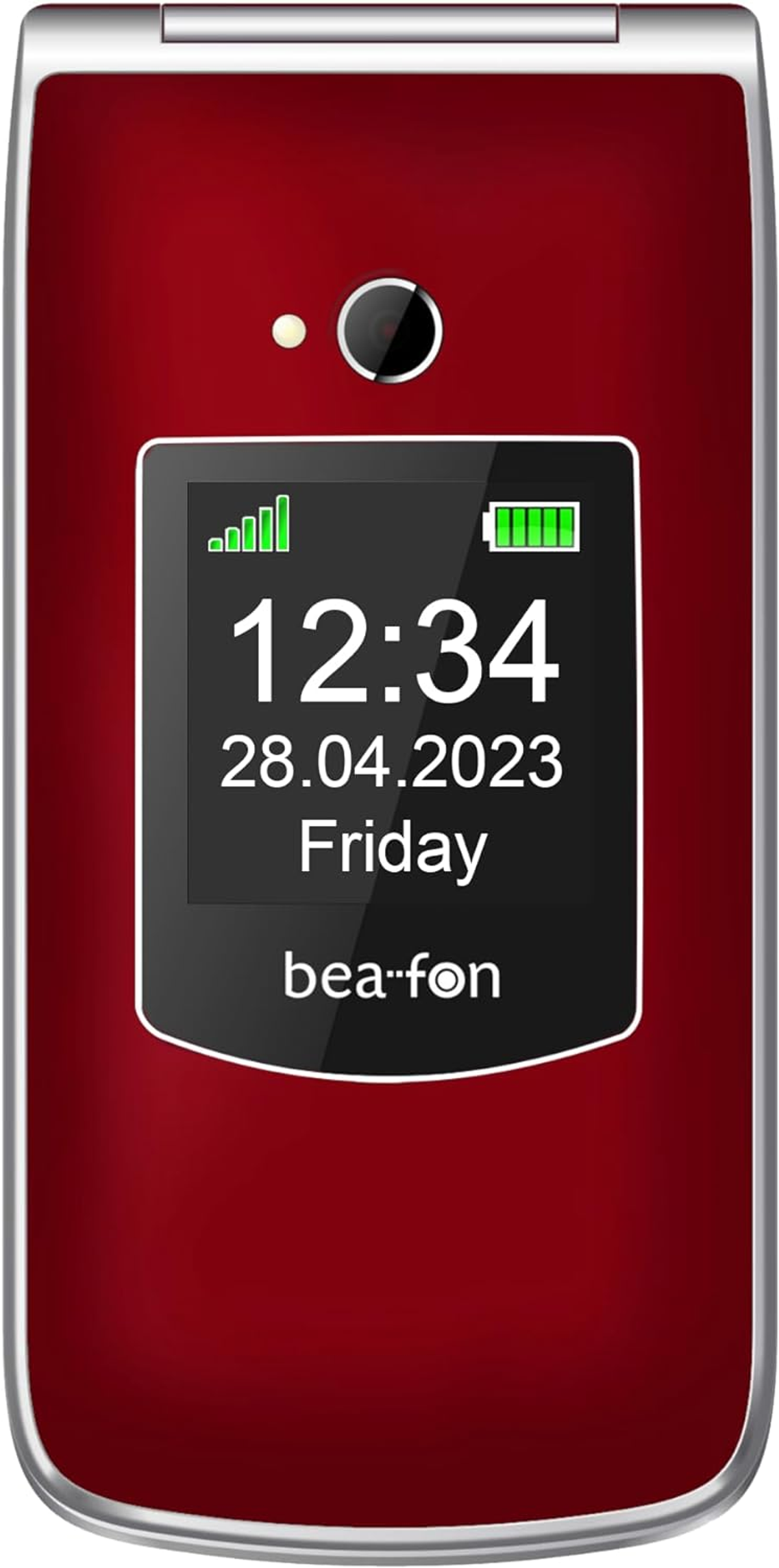 Teléfono plegable rojo abierto, mostrando una pantalla de hora y fecha. La marca es bea-fon.