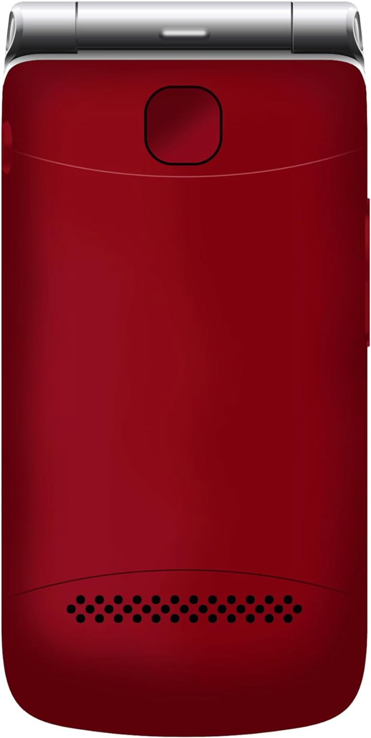 Teléfono plegable rojo cerrado, mostrando la parte trasera con orificios para el altavoz y cámara pequeña.
