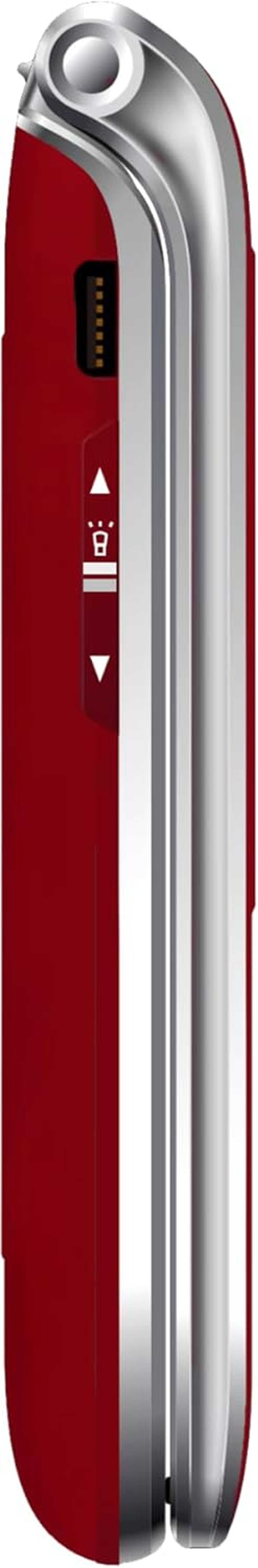 Un teléfono rojo con un borde plateado. Se muestra de lado.