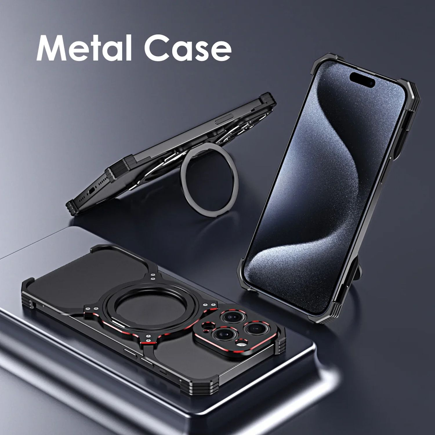 Schwarze Handyhülle mit Magnetring und Telefon.