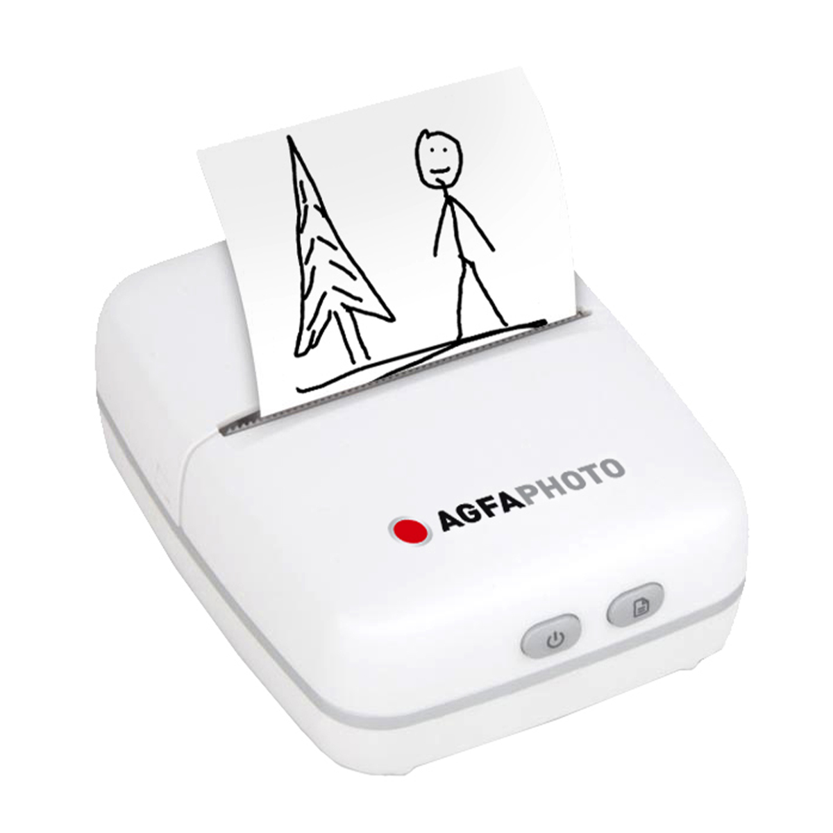 Biała przenośna drukarka drukująca rysunek drzewa i osoby.