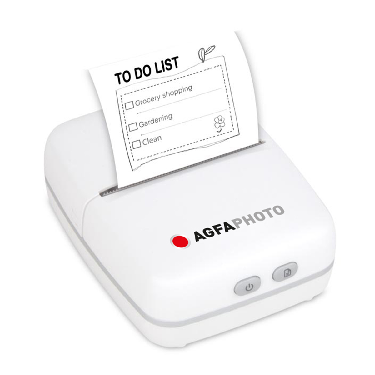 Biała drukarka fotograficzna AGFA z wydrukiem listy zadań. Wymienia zakupy spożywcze, ogrodnictwo i sprzątanie.