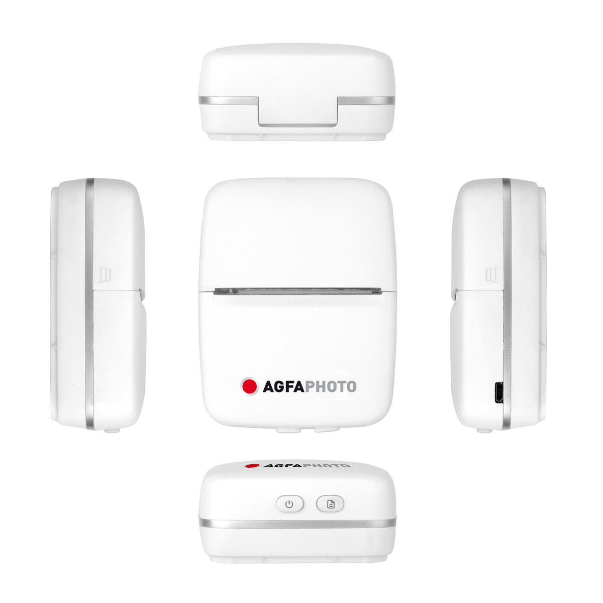 Biała drukarka natychmiastowa AgfaPhoto. Wiele widoków urządzenia, z logo z przodu.