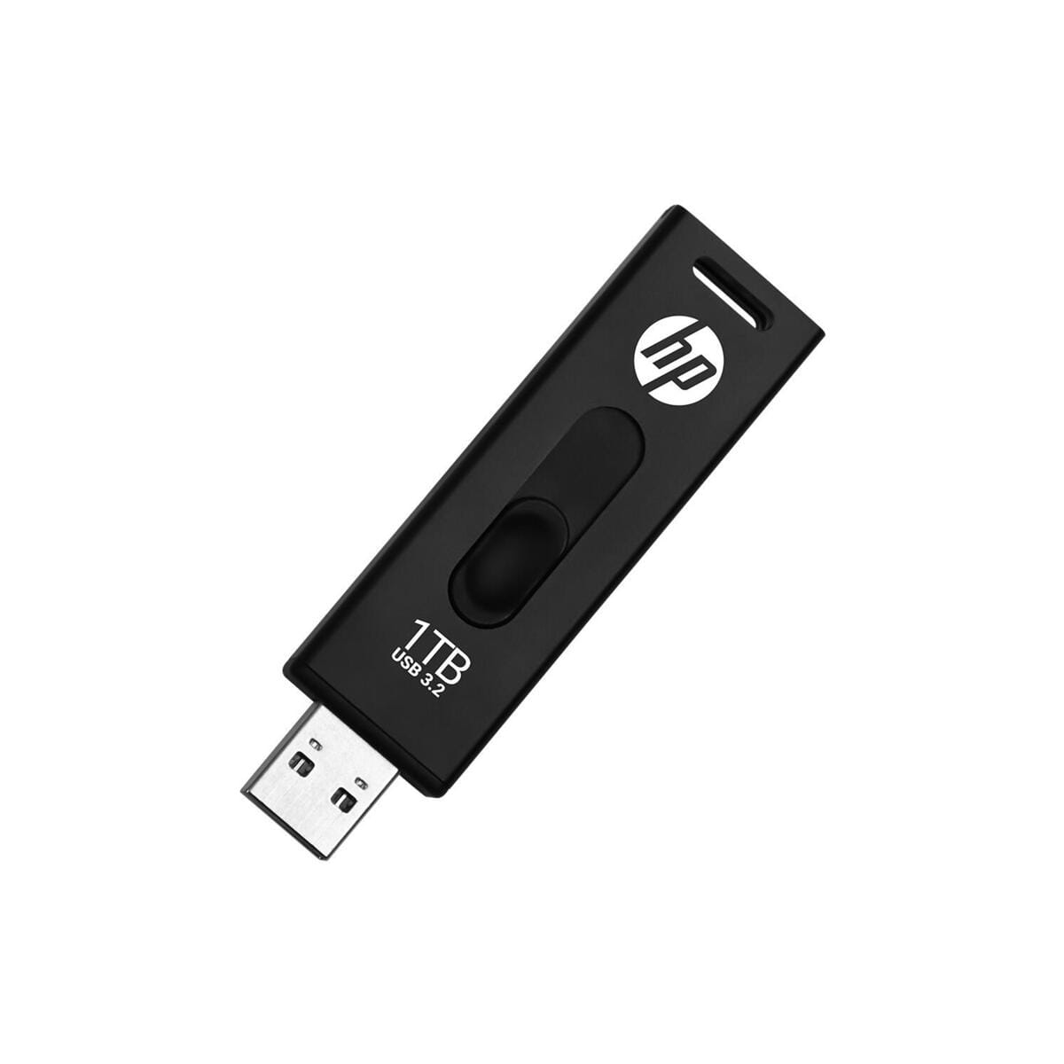Czarny pendrive HP USB, 1 TB, widok pod kątem. Białe tło.