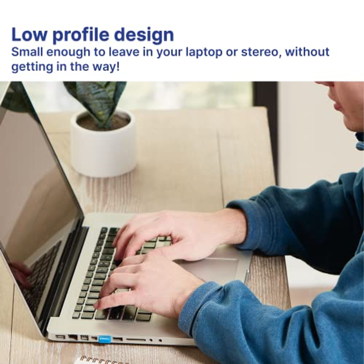 Osoba korzystająca z laptopa na drewnianym stole z małą rośliną.