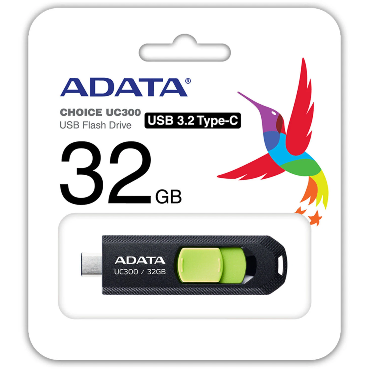 Clé USB dans un emballage, avec ADATA et 32 Go imprimés. Fond blanc.