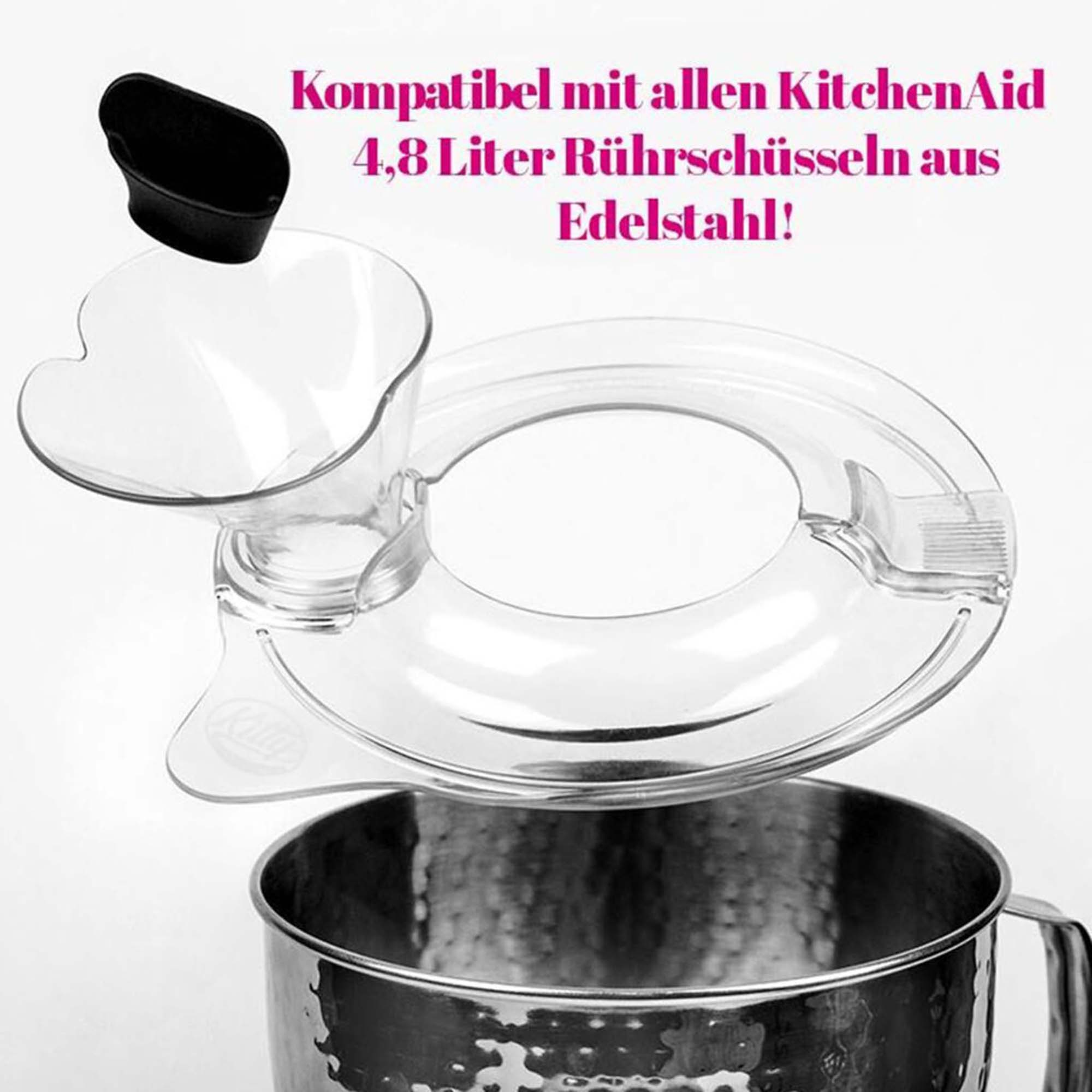 KitchenAid Mixer Aufsatz. Transparenter Spritzschutz mit Ausguss und schwarzem Deflektor.