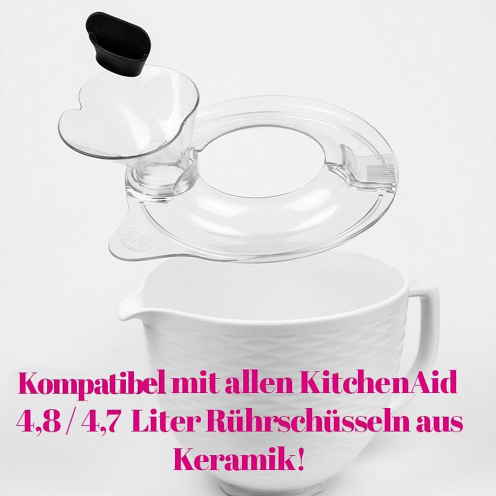 KitchenAid-Zubehörteile: Spritzschutz und Schüssel, mit Text 