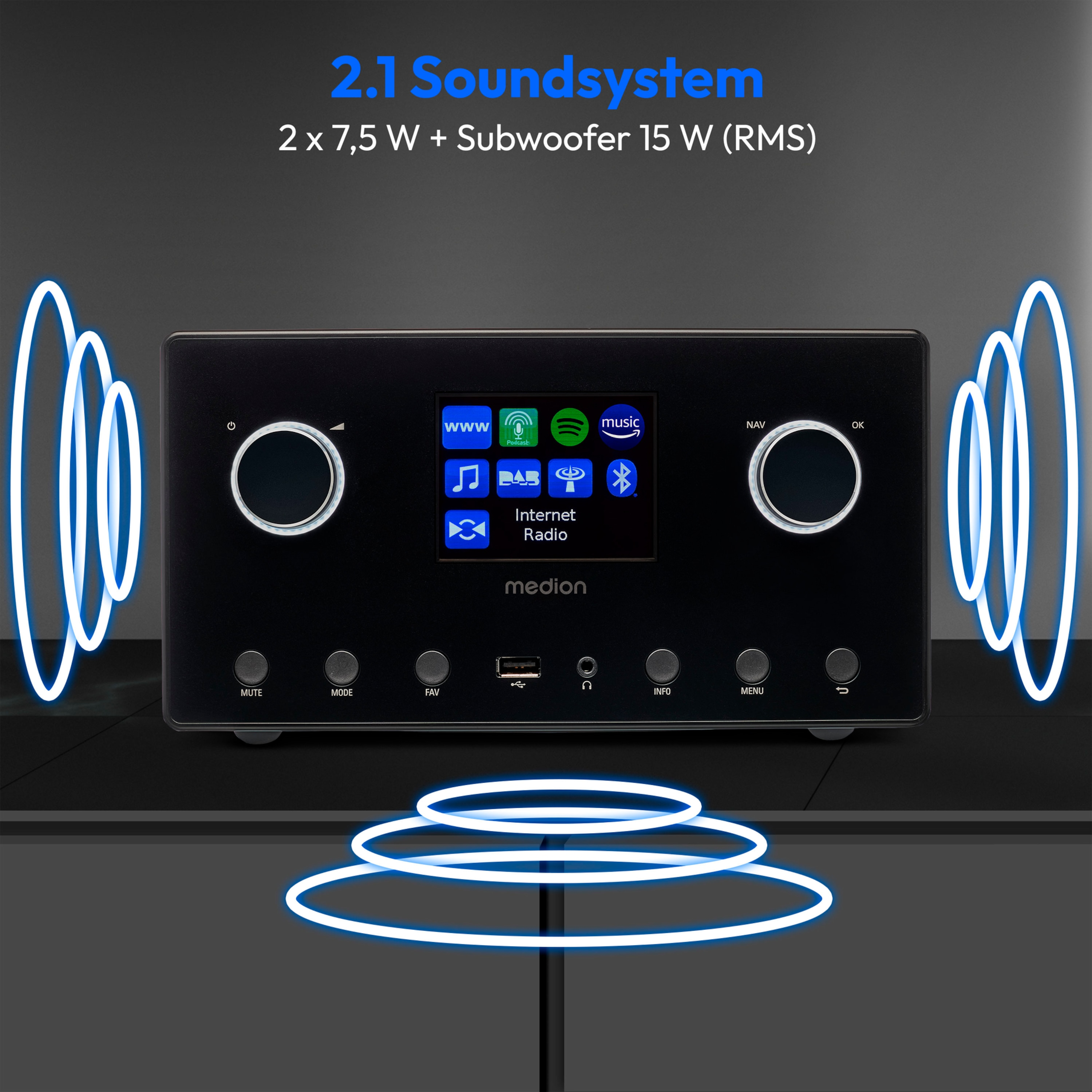Czarny system stereo z ekranem i przyciskami, z niebieskimi falami dźwiękowymi.