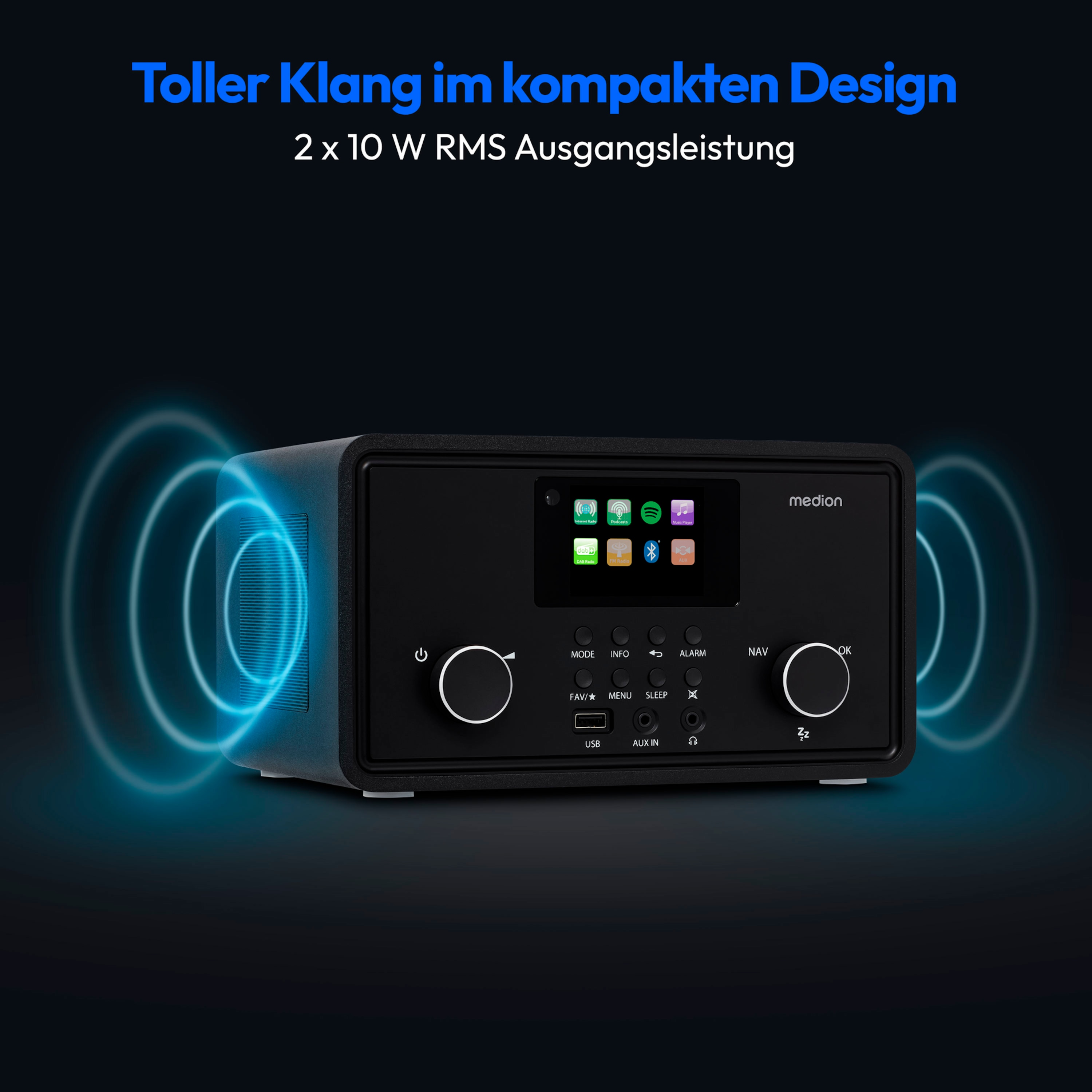 Czarne radio z ekranem, przyciskami i niebieskimi okręgami świetlnymi. Tekst: Toller Klang im kompakten Design.