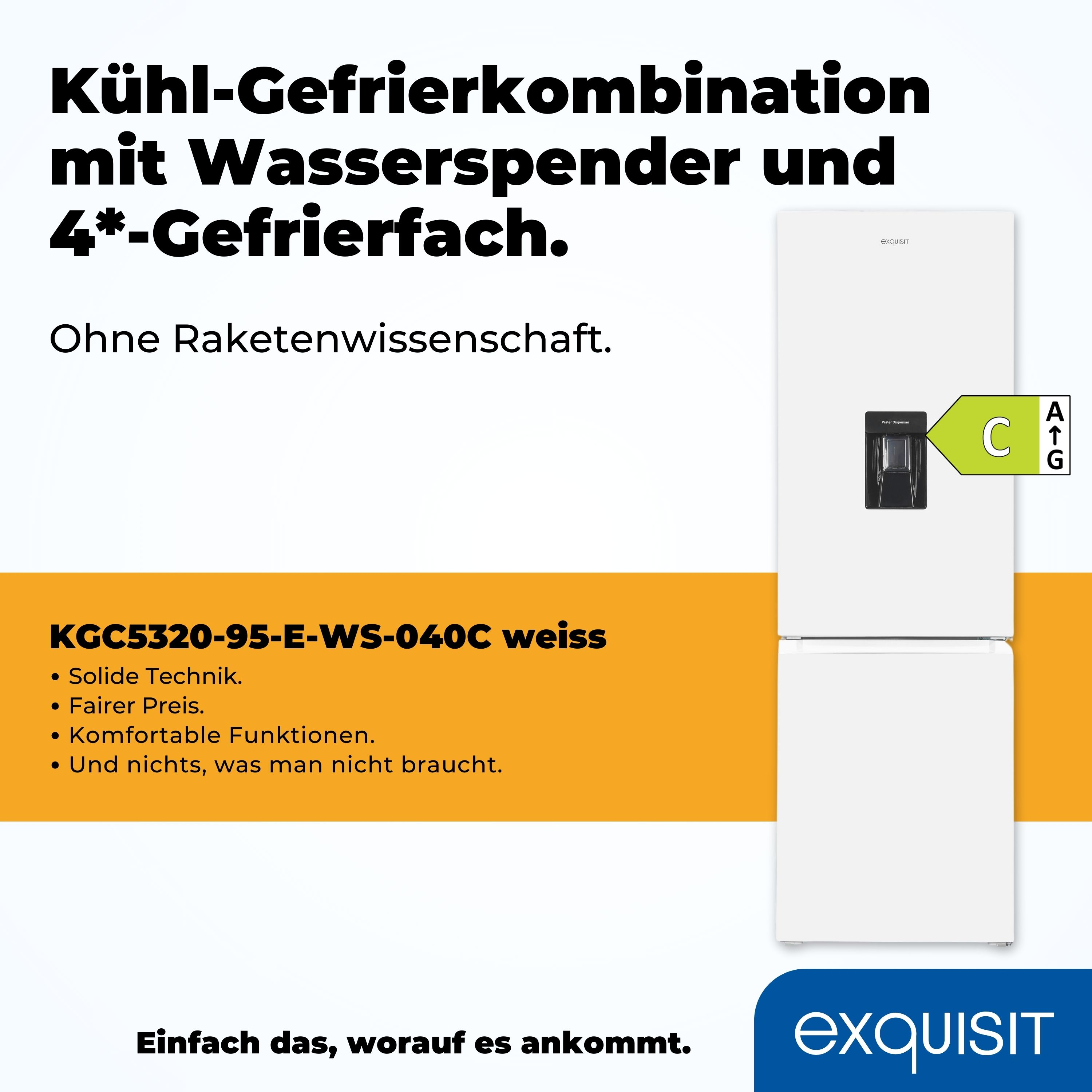 Ein weißer Kühlschrank mit Wasserspender und Energieetikett.