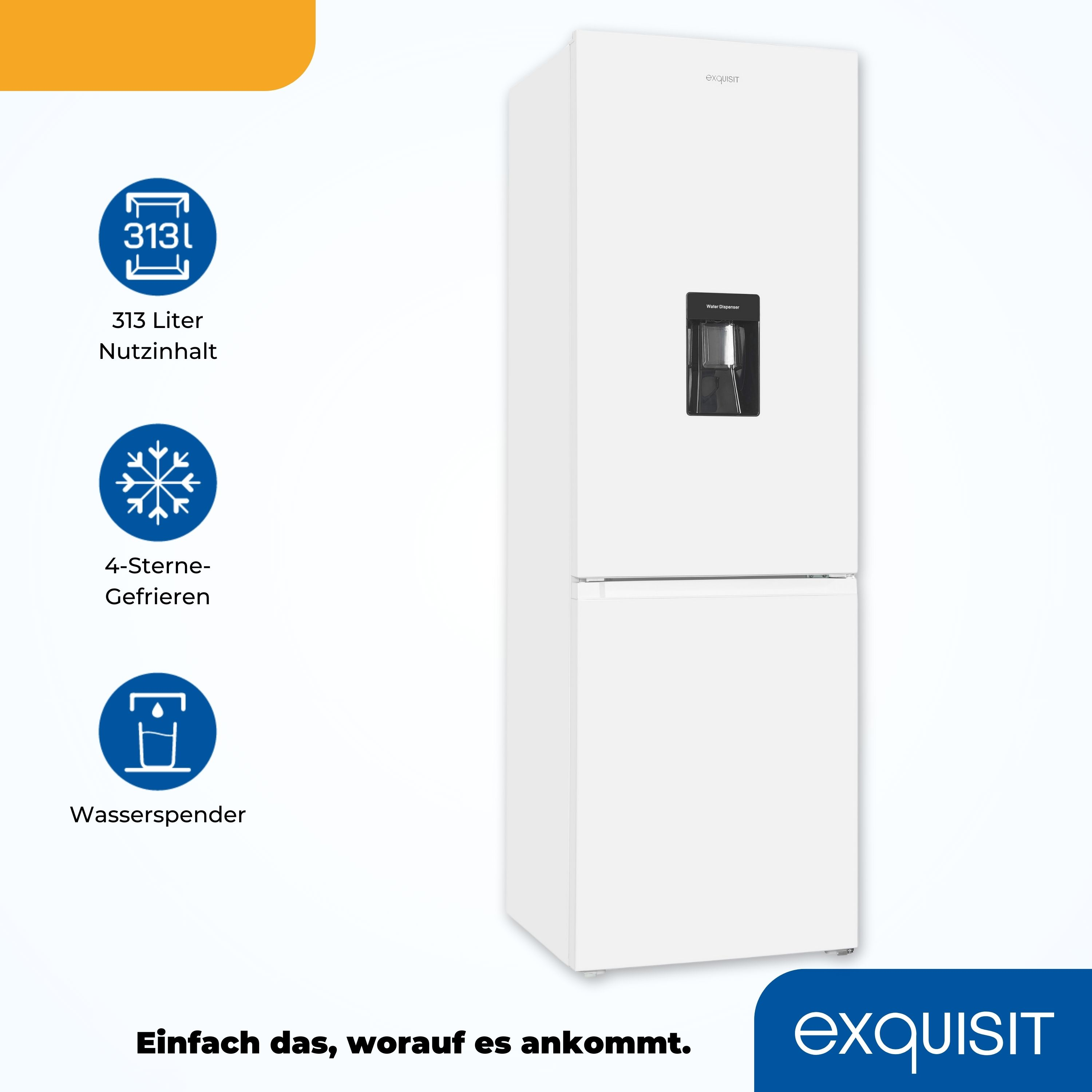 Ein weißer Kühlschrank mit Wasserspender und Symbolen für Kapazität, Gefrieren und Spenderfunktionen.