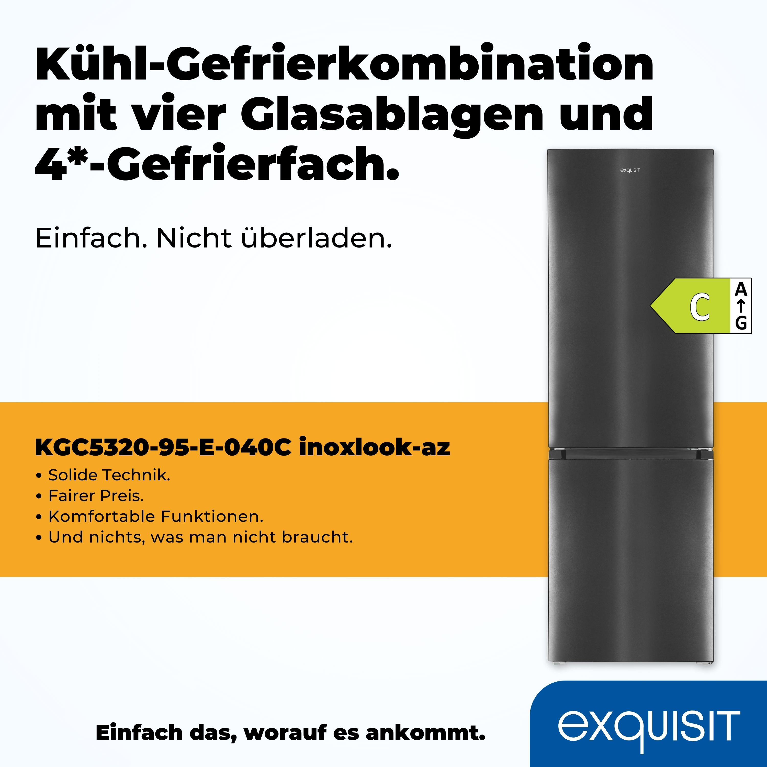 Ein schwarzer Kühlschrank mit Gefrierfach unten und einem Energielabel. Der Text beschreibt die Eigenschaften des Kühlschranks.