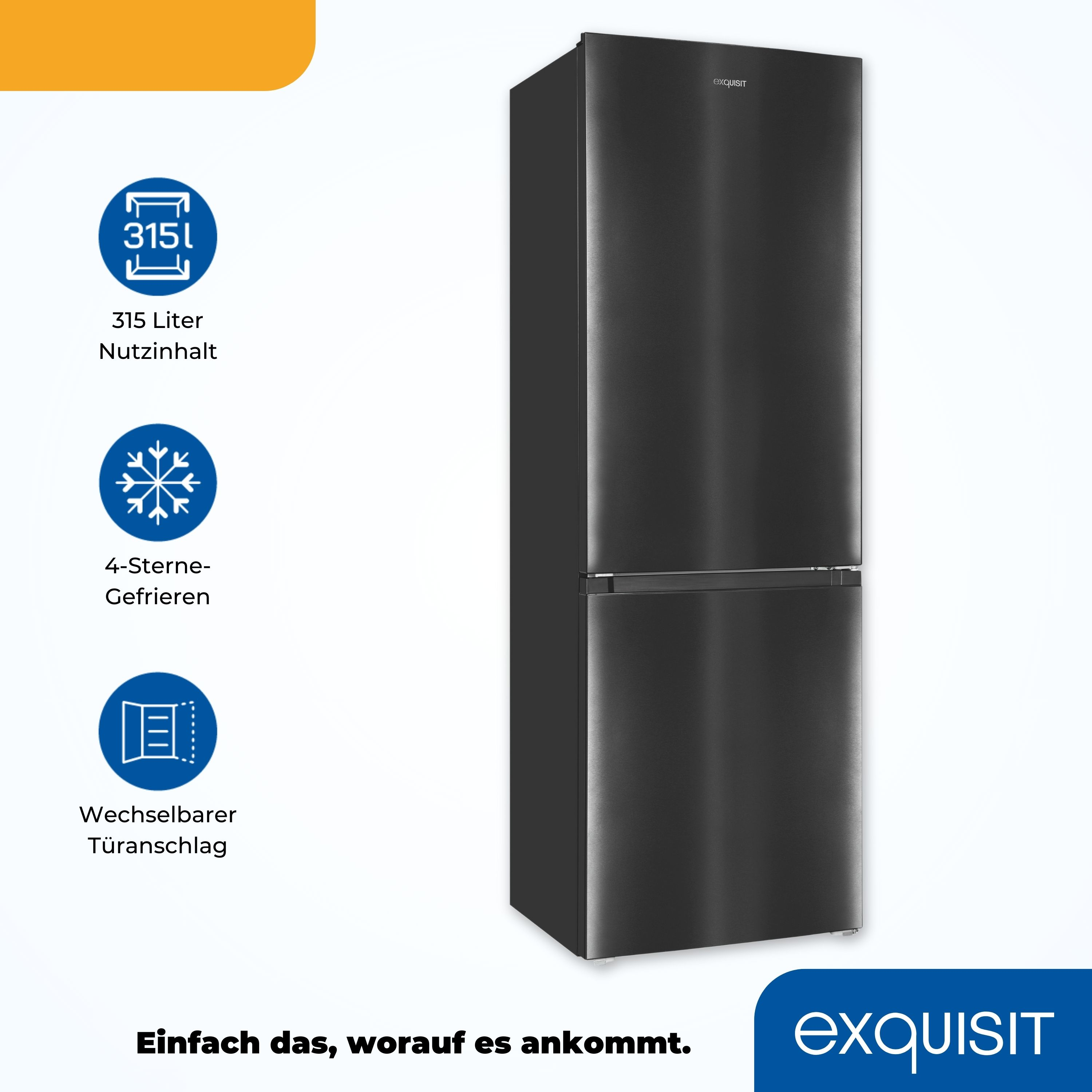 Schwarzer Kühlschrank mit zwei Türen. Info-Symbole: 315l, Schneeflocke, Türscharnier. Weißer Hintergrund.
