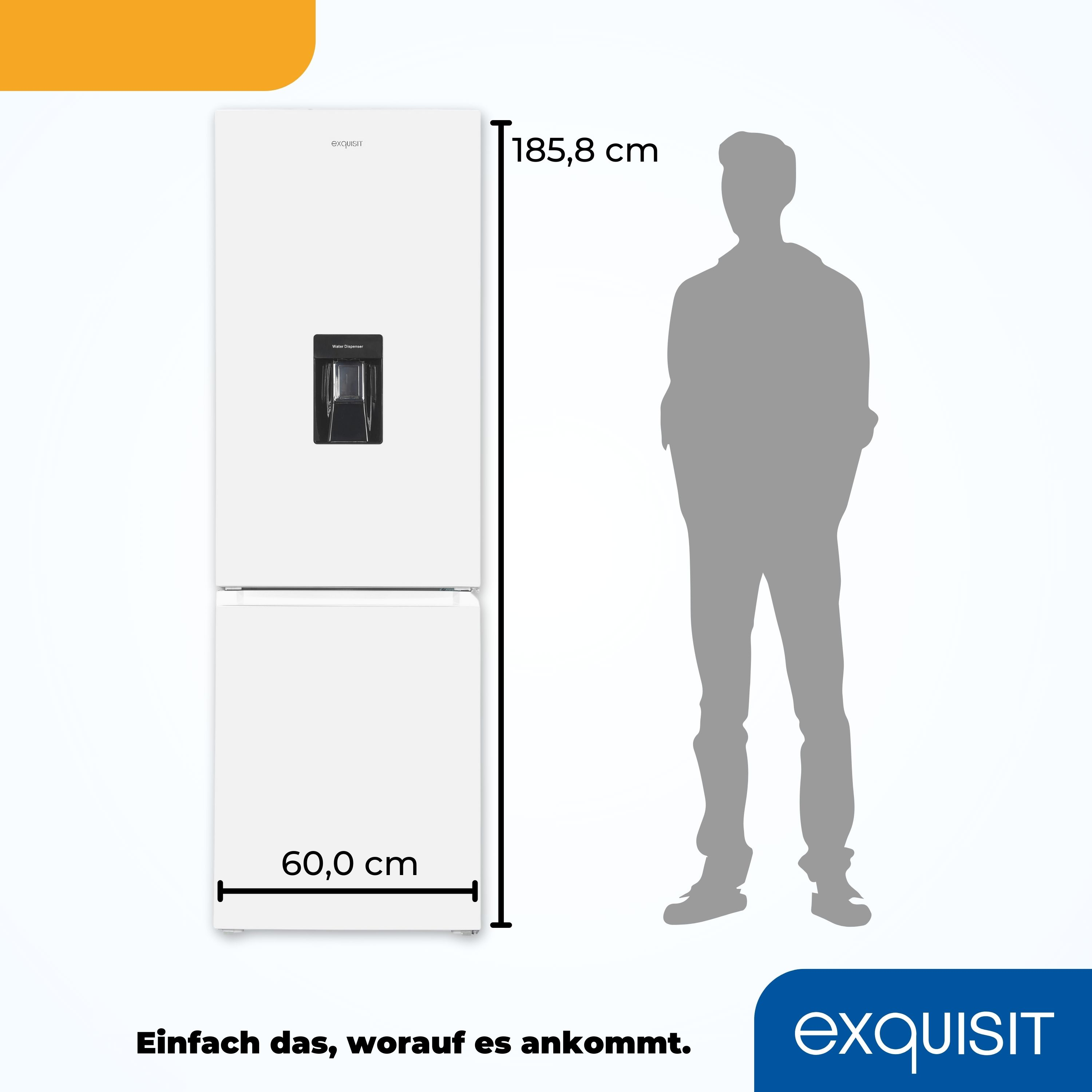 Ein weißer Kühlschrank mit Maßangaben und einer Silhouette daneben. Schwarzer Griff.