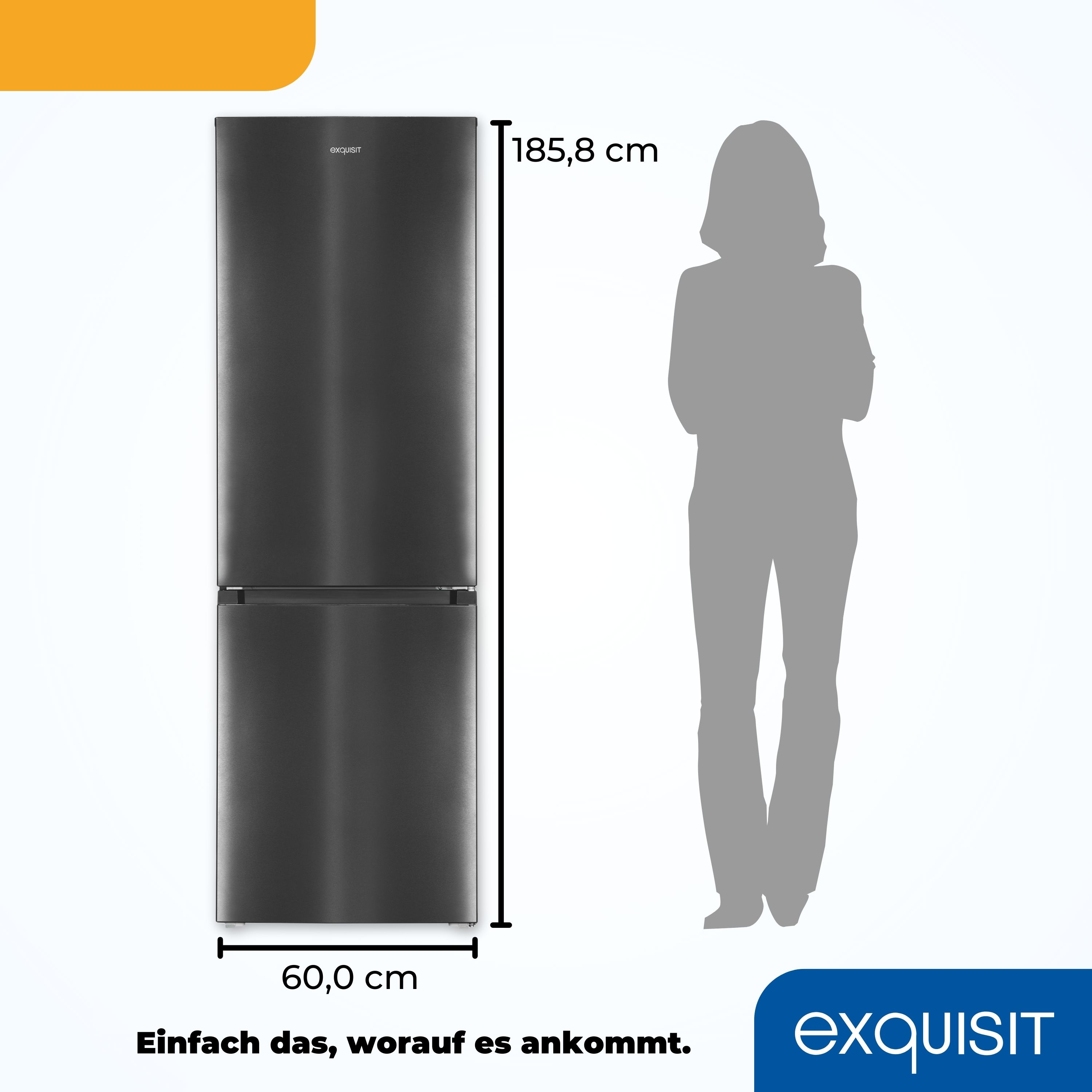 Ein schwarzer Kühlschrank mit hoher Silhouette, daneben eine Frau als Maßstab und Text.