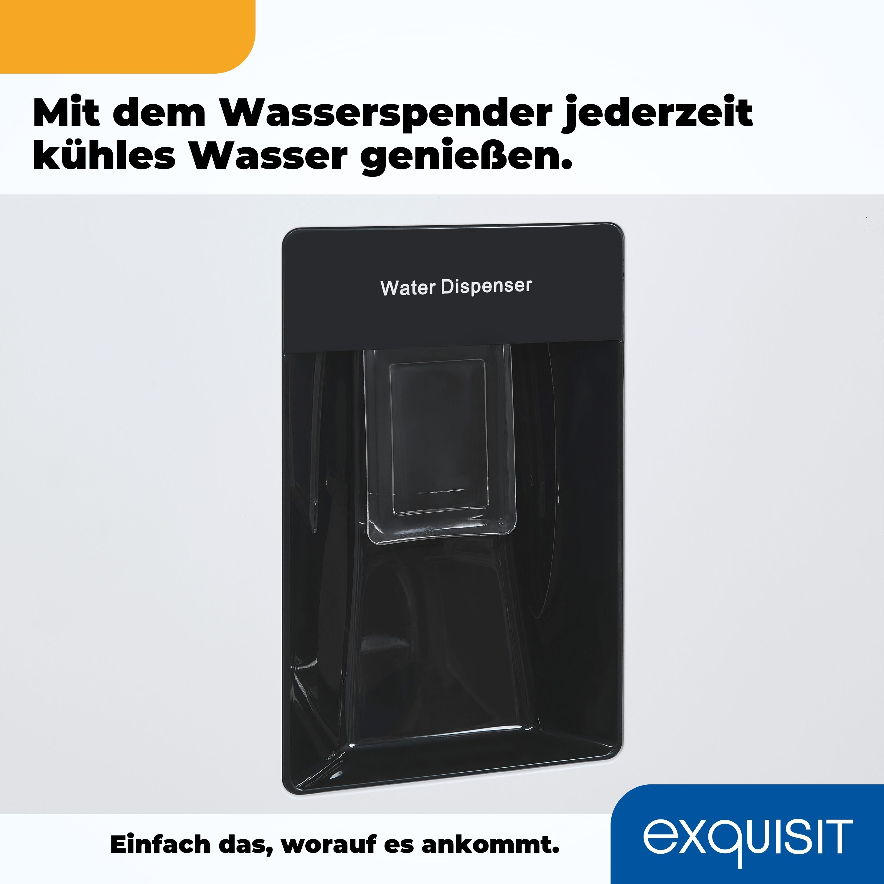 Schwarzer Wasserspender mit einem transparenten Behälter. Der Text lautet 'Water Dispenser'.