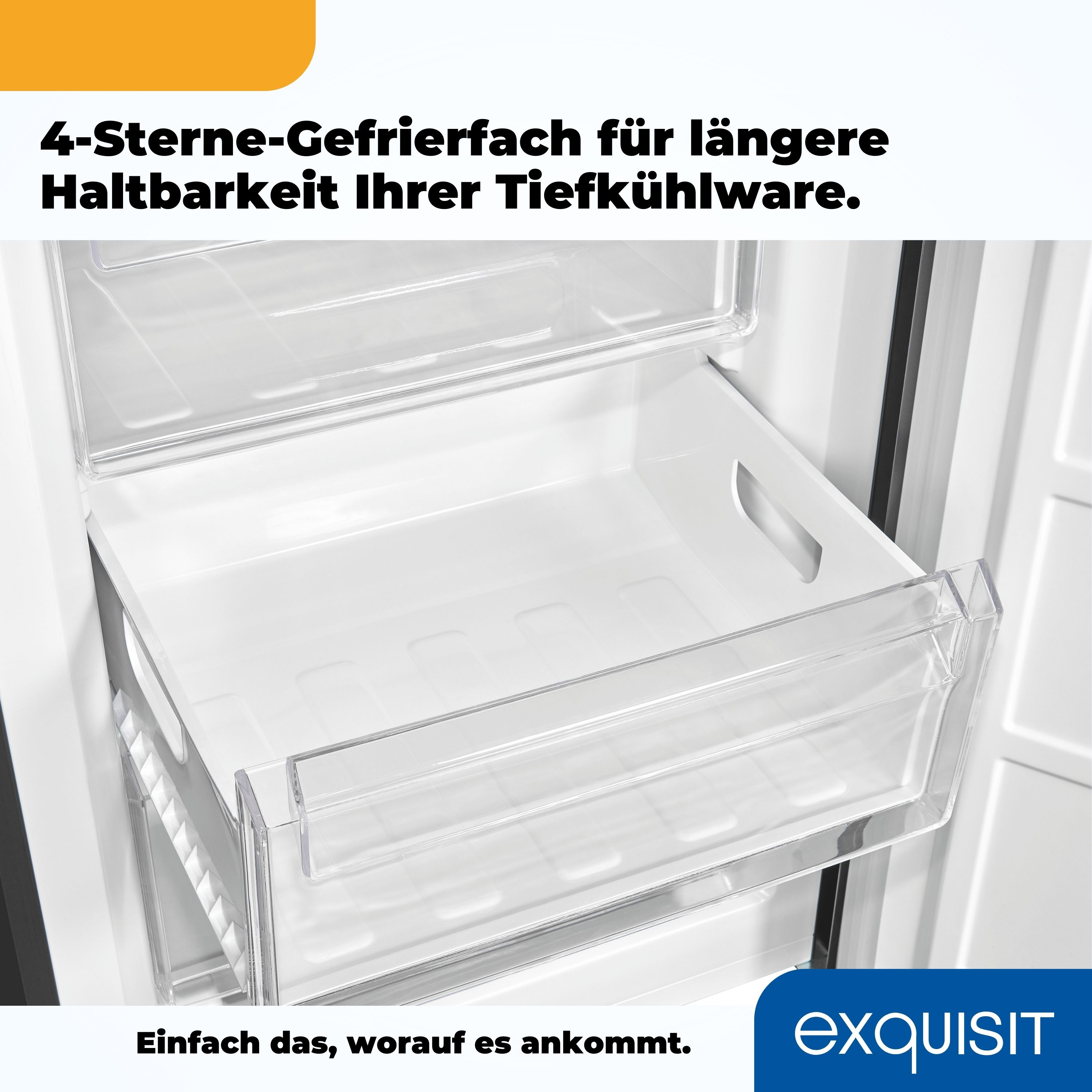 Kühlschrankinnenraum mit transparenten Schubladen. Weißer Innenraum. Text auf Deutsch.
