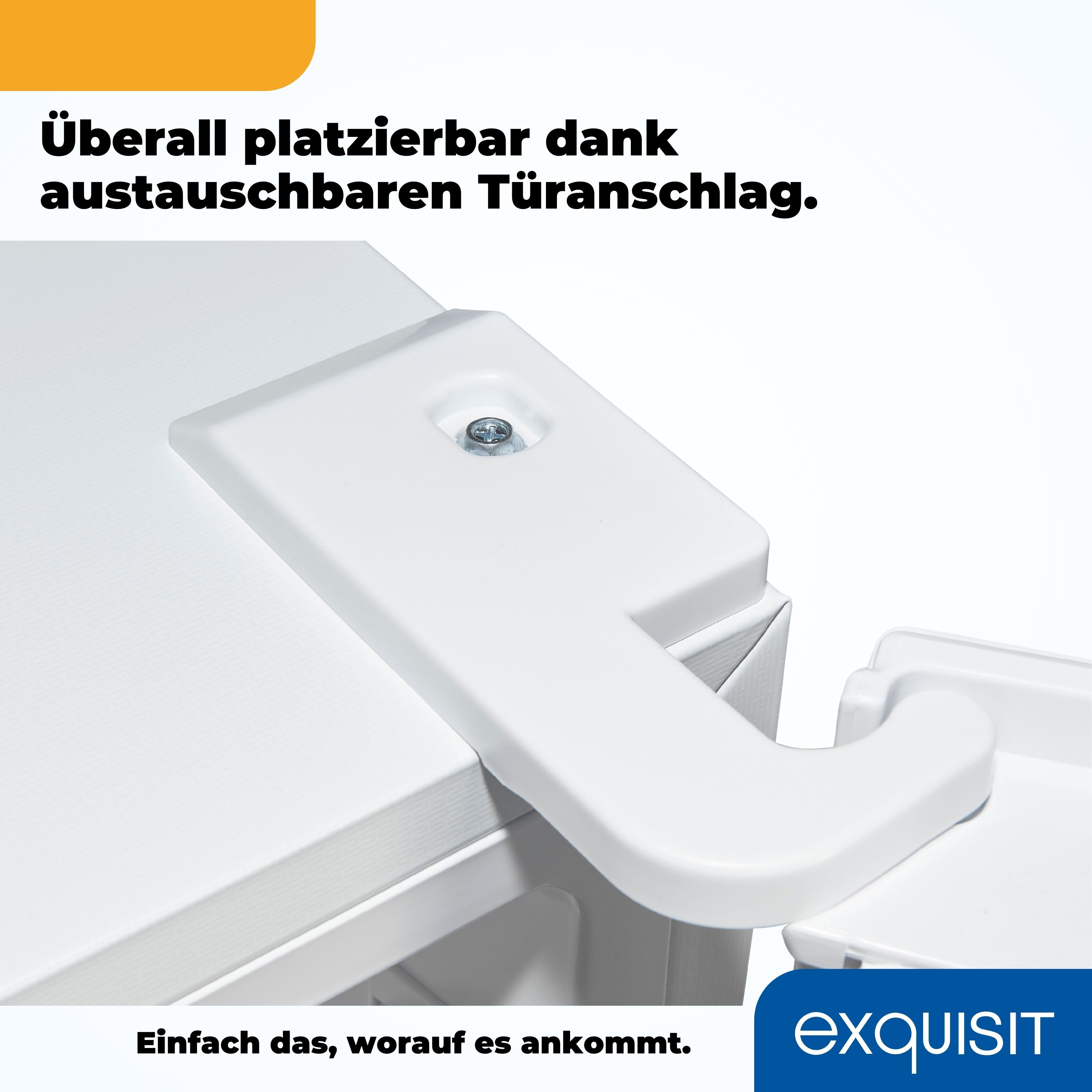 Weiße Schranktür, mit Scharnier und Text über austauschbare Türanschläge.