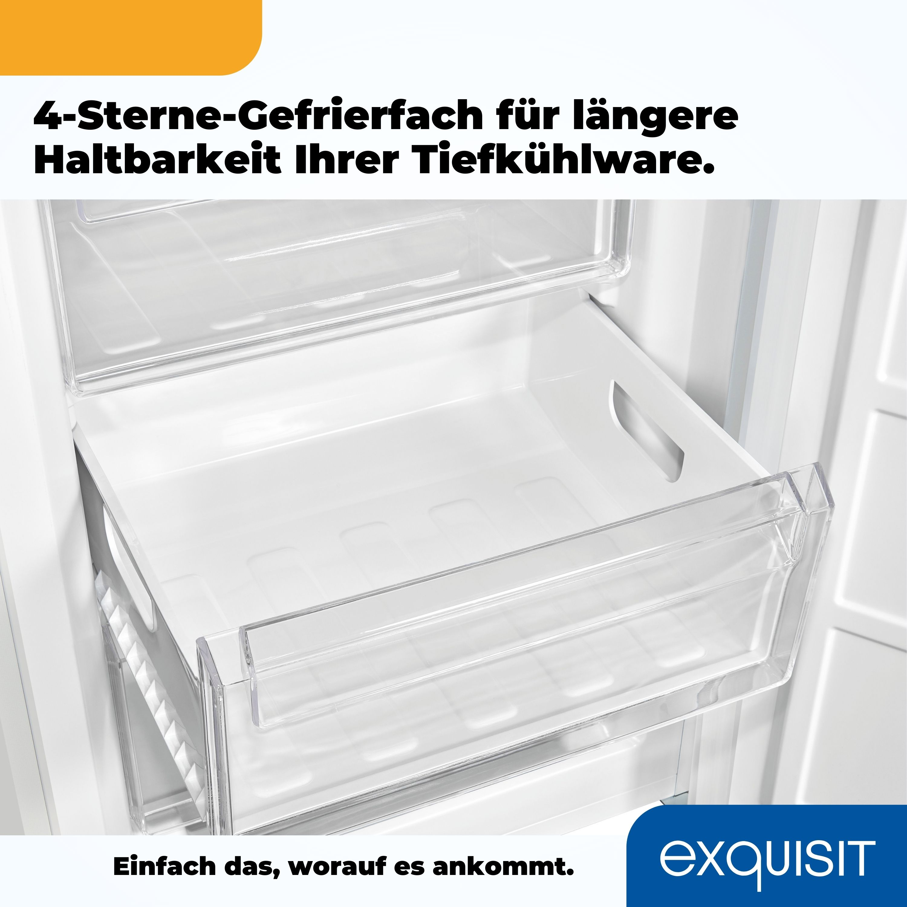 Eine leere weiße Kühlschublade mit durchsichtigen Kunststoffseiten. Text auf Deutsch.