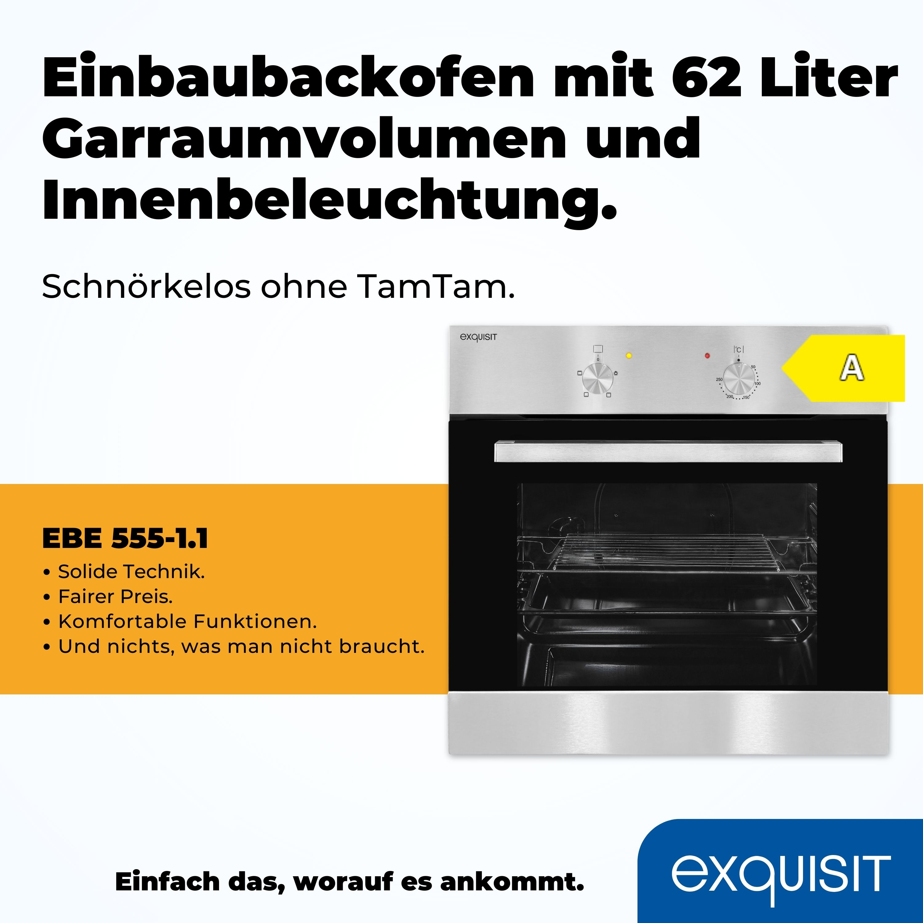 Silberner Backofen mit Text, Energielabel und Informationen auf Deutsch, auf weißem Hintergrund.