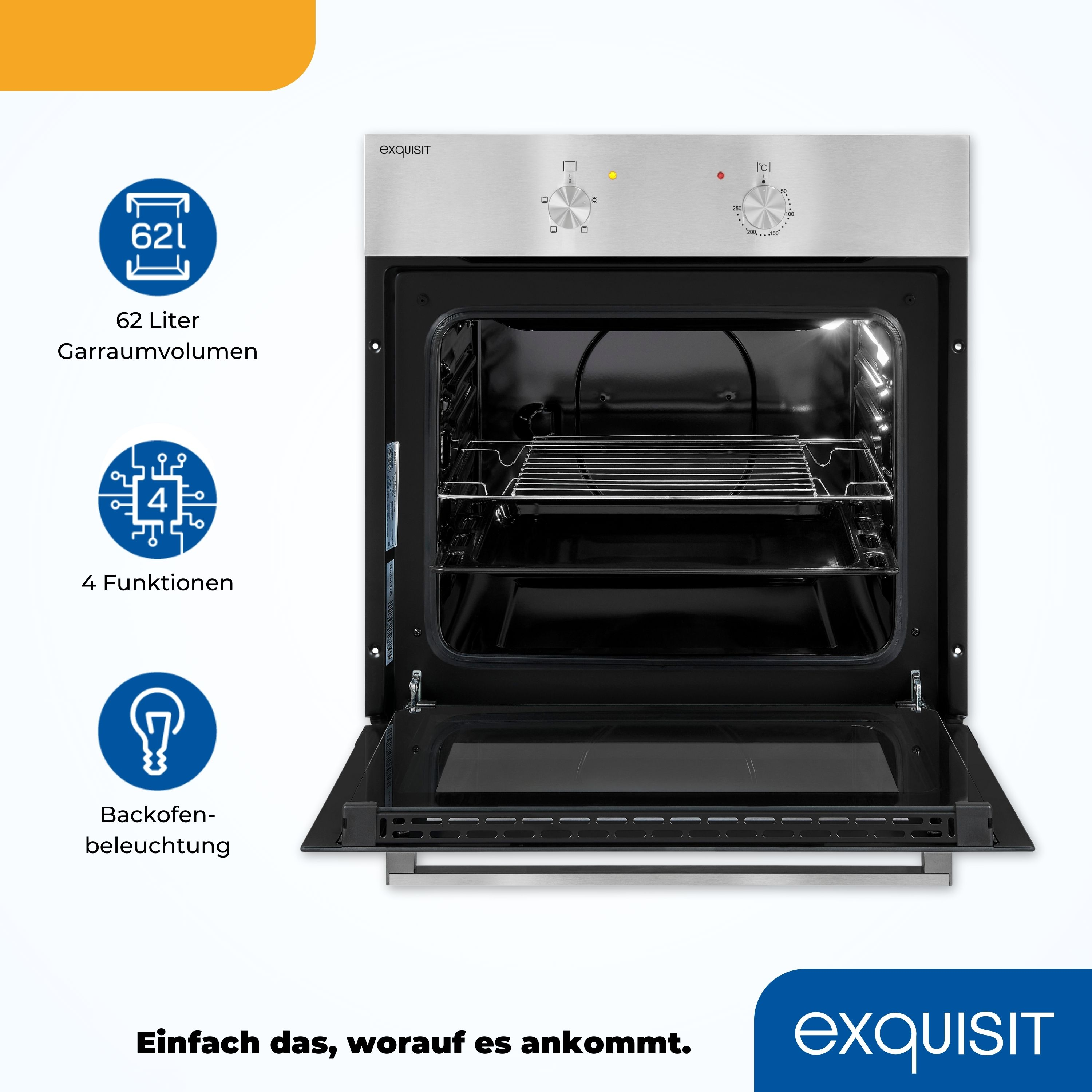 Offener Backofen mit Innenrost. Symbole zeigen Funktionen und Kapazität. Text: Exquisit.