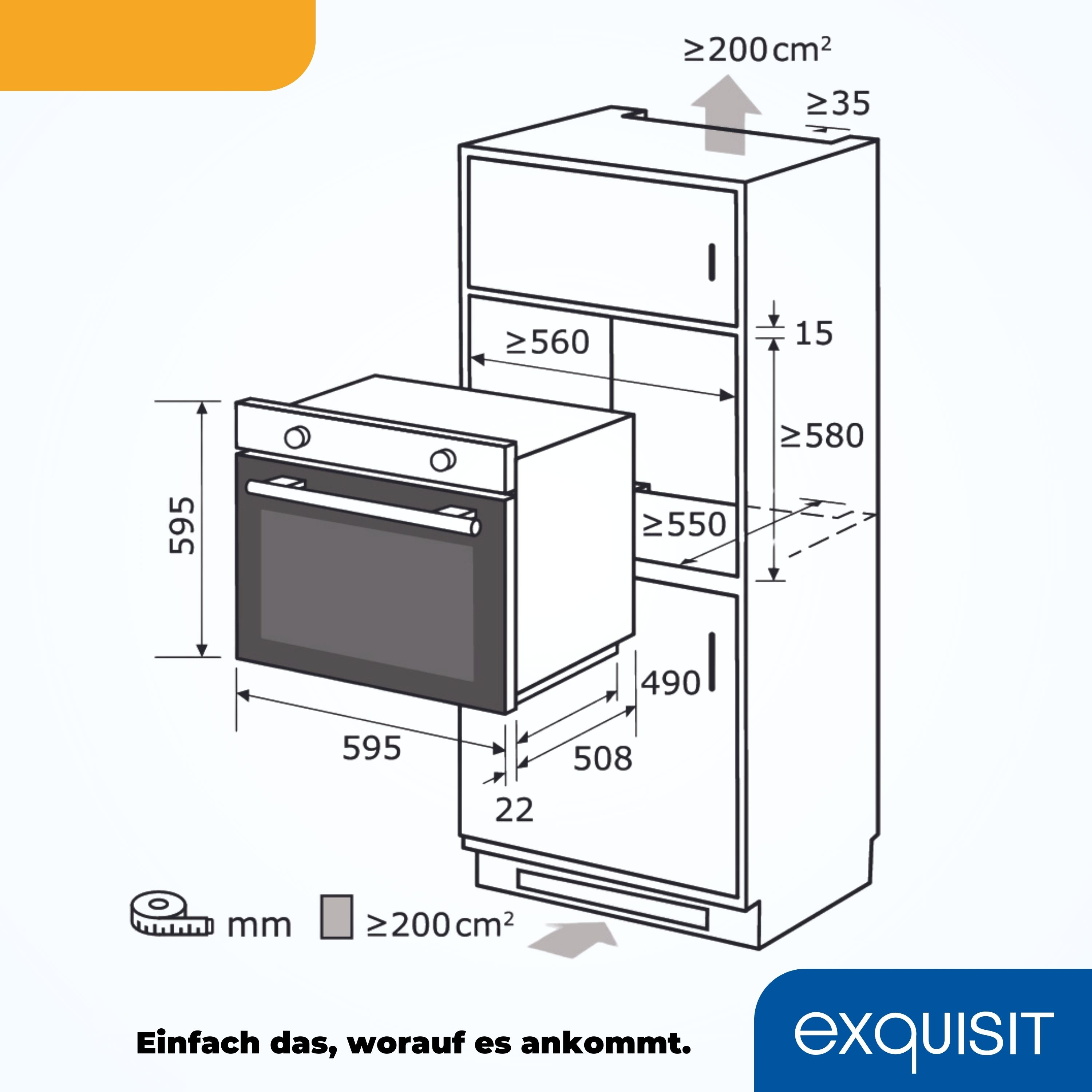 Diagramm eines Einbauofens mit Abmessungen und Beschriftungen auf weißem Hintergrund.