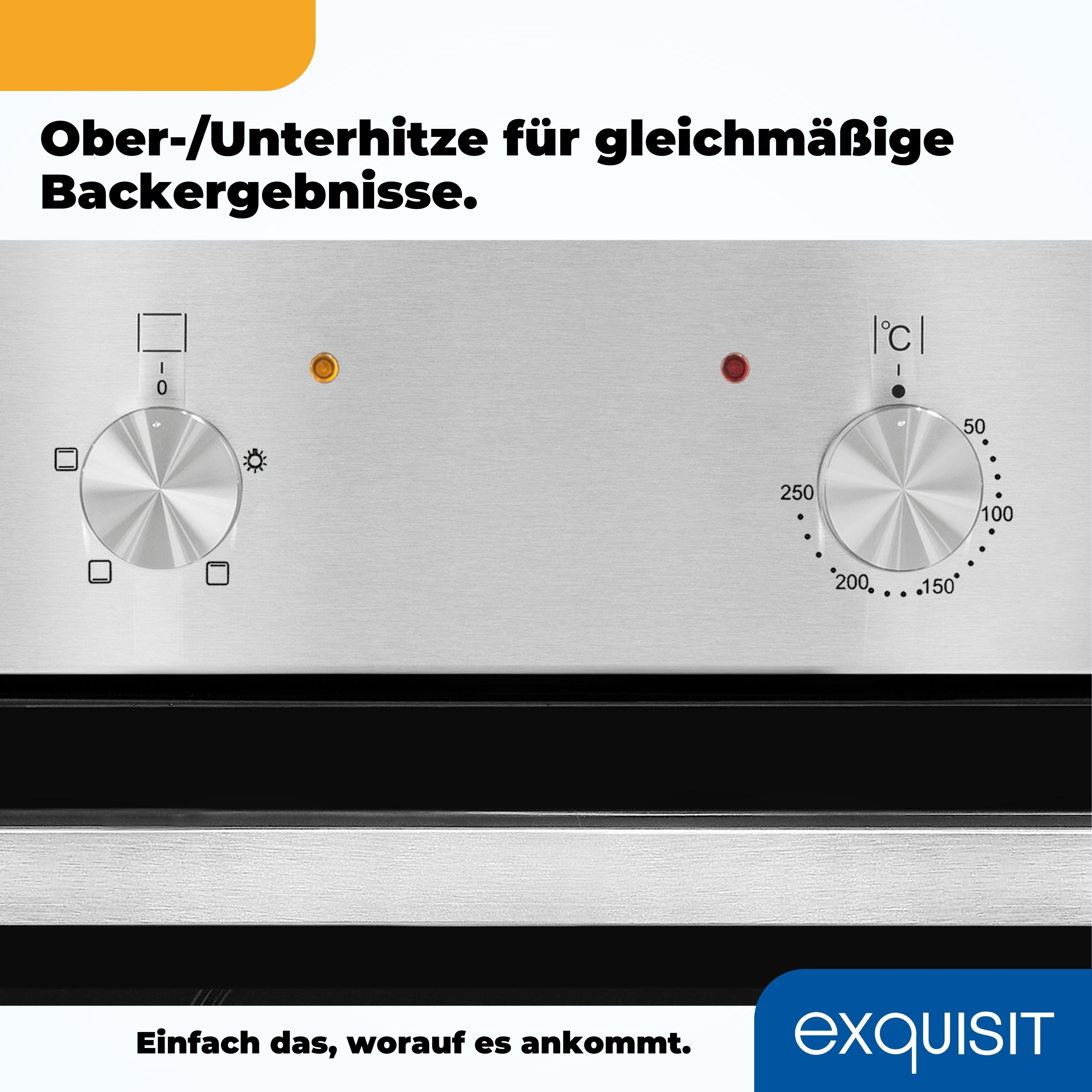 Backofen-Bedienfeld mit Drehknöpfen und Leuchten. Beschriftungen für Temperatureinstellungen und Ofenfunktionen sind sichtbar.