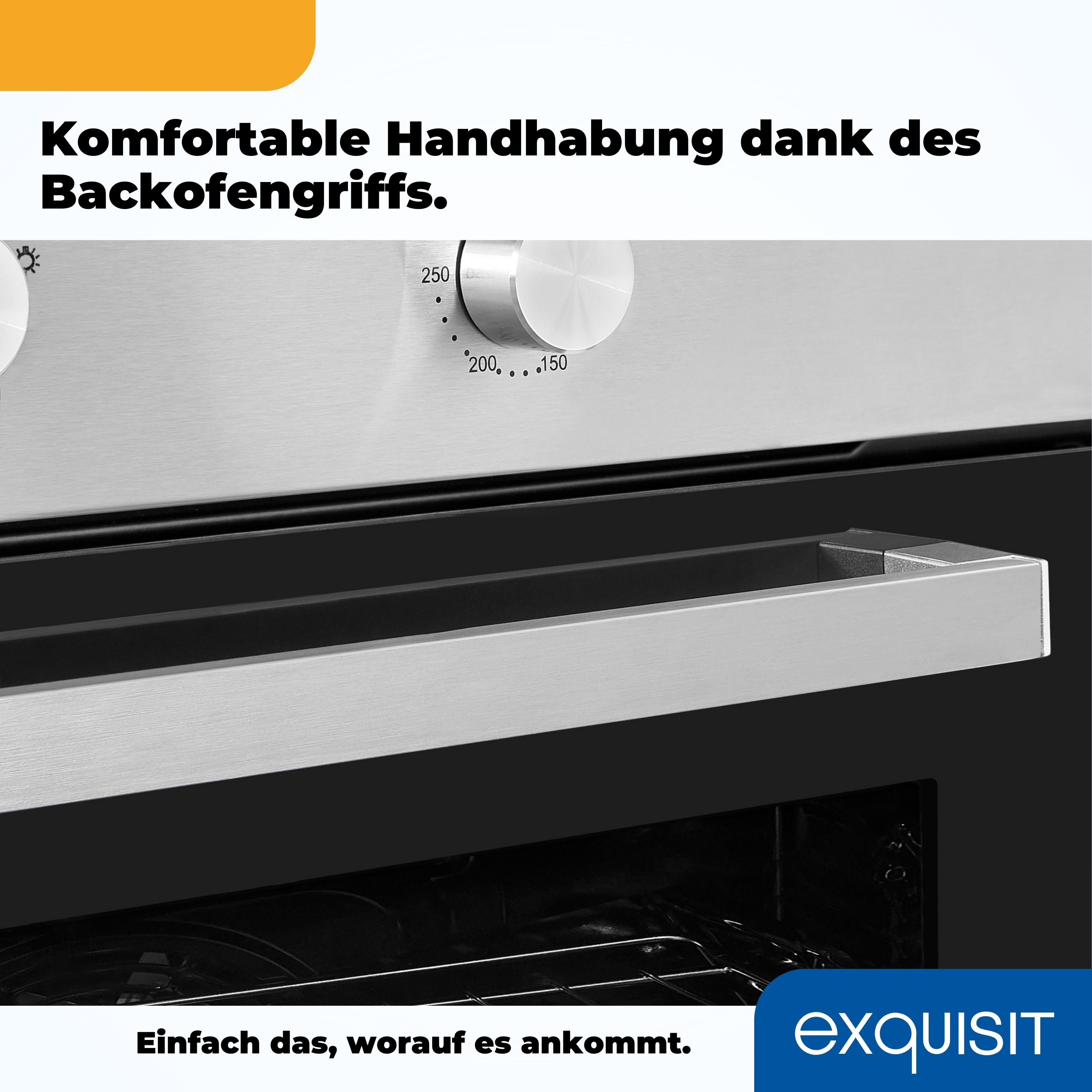 Nahaufnahme eines Ofens mit einem metallischen Griff, einem Drehknopf und dem Text: Exquisit.
